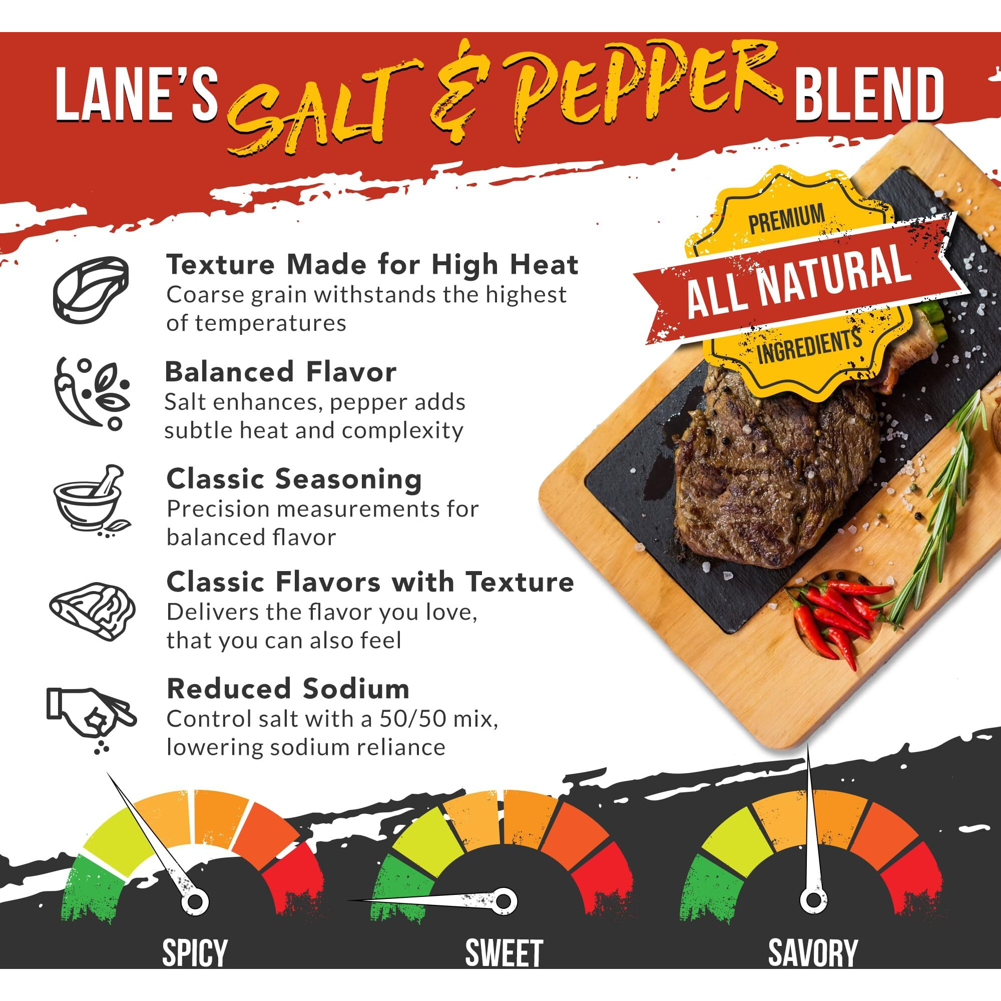 Lane's 50/50 Salt And Pepper Seasoning, All-Natural Salt & Pepper Spice, 16 Mesh Coarse Black Pepper Seasoning Salt, Gluten-Free, Made In Usa, 12 Oz