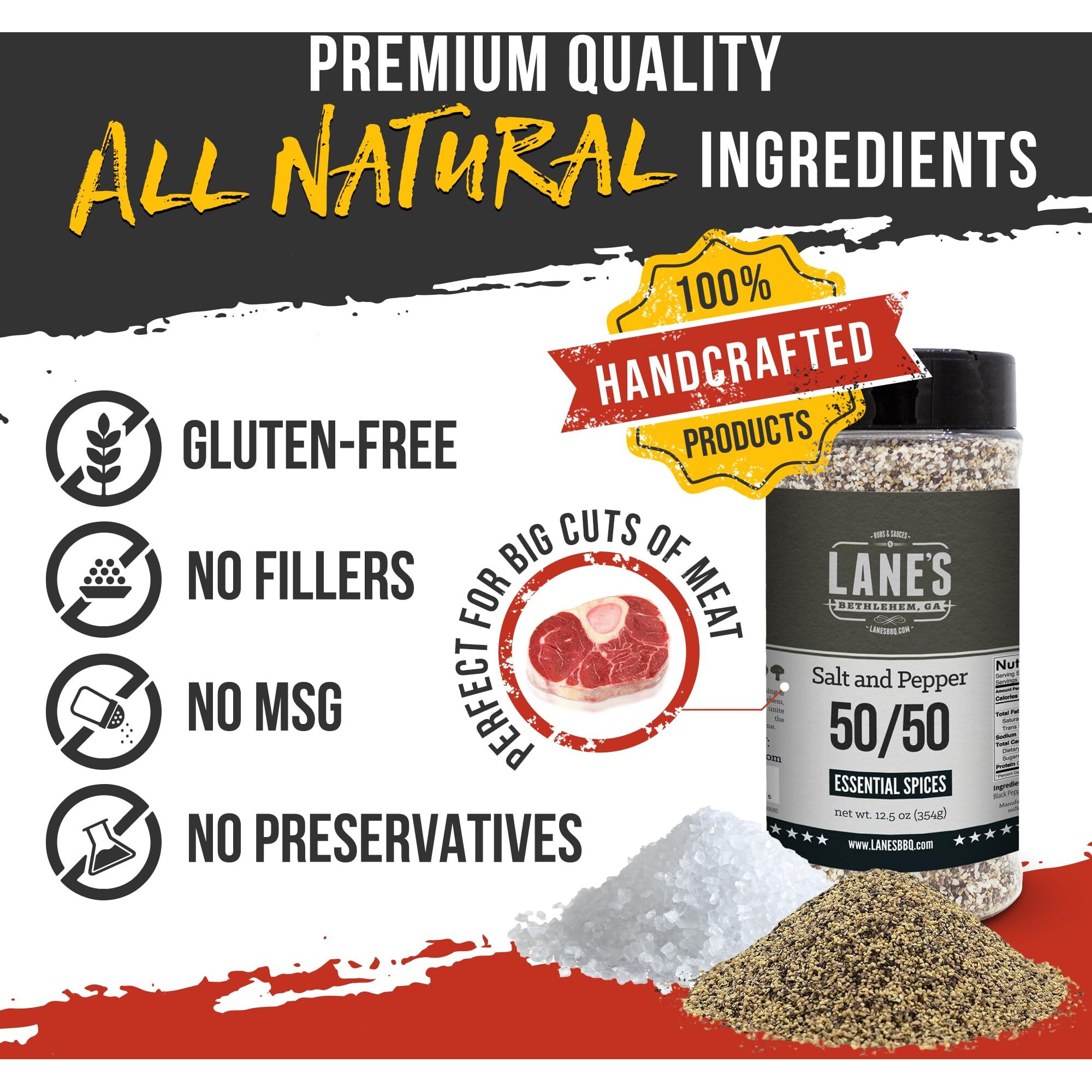 Lane's 50/50 Salt And Pepper Seasoning, All-Natural Salt & Pepper Spice, 16 Mesh Coarse Black Pepper Seasoning Salt, Gluten-Free, Made In Usa, 12 Oz