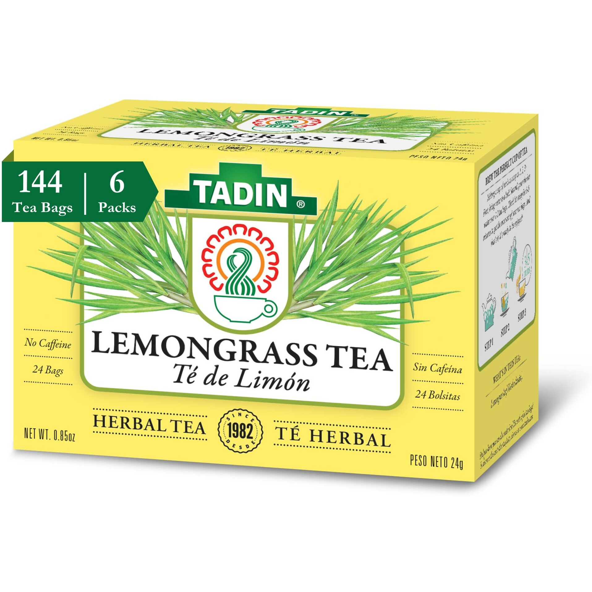 Tadin Lemongrass Tea, Herbal Tea, Caffeine Free Tea, Tea Bags Individually Wrapped, Herbal Tea Bags Best As Hot Tea And Iced Tea, 24 Tea Bags Per Box, Pack Of 6