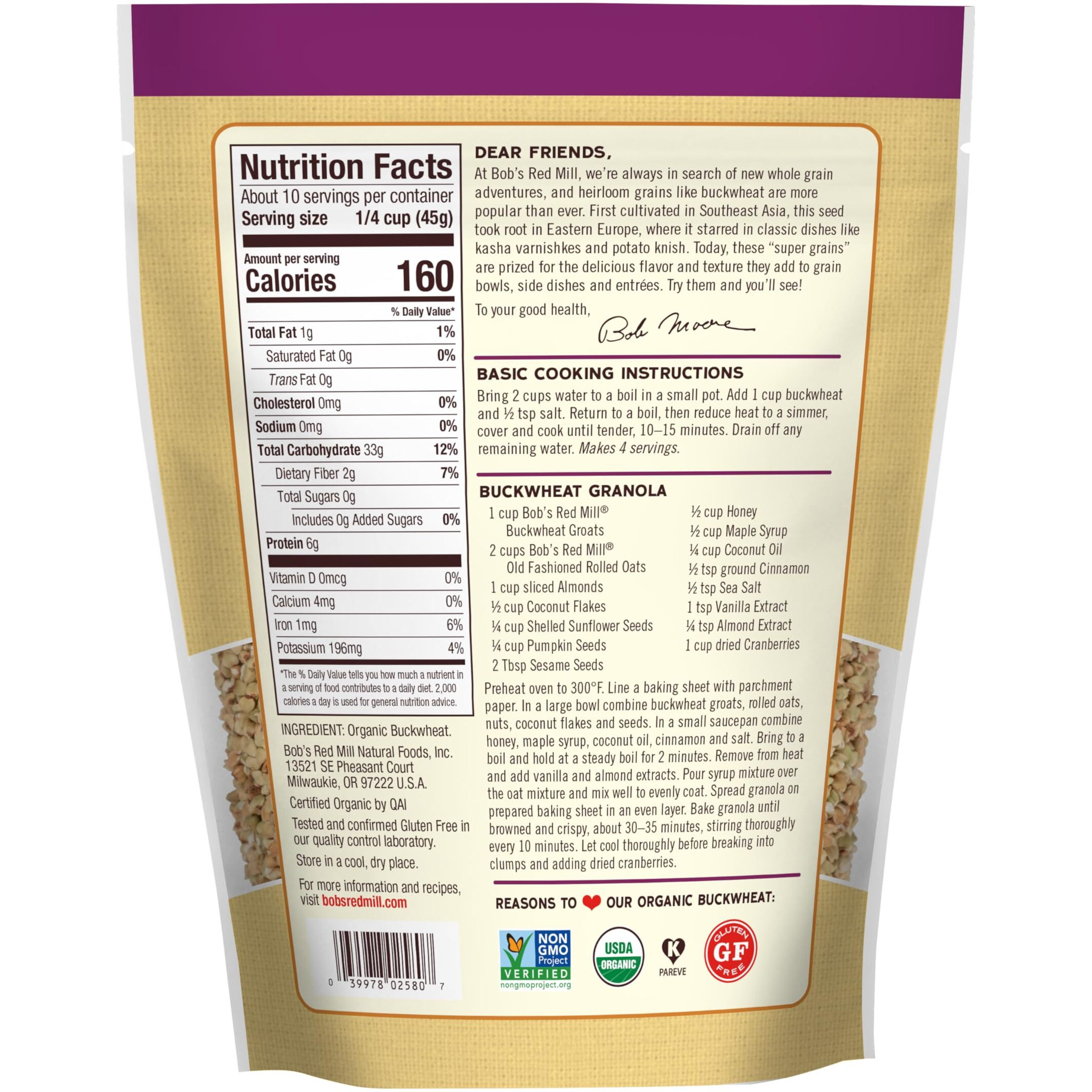 Bobs Red Mill Organic Raw/Untoasted Buckwheat Groats, 16 Ounce Bag (Pack Of 1), Gluten Free, Non-Gmo, Kosher
