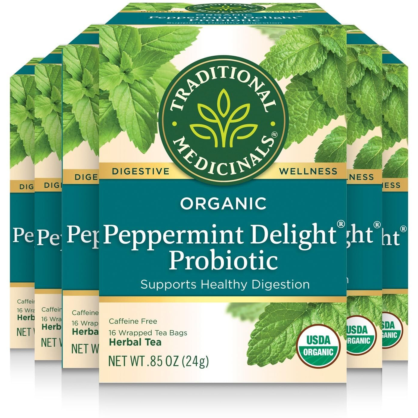 Traditional Medicinals Tea, Organic Peppermint Delight Probiotic, Supports Healthy Digestion, 96 Tea Bags (6 Pack)