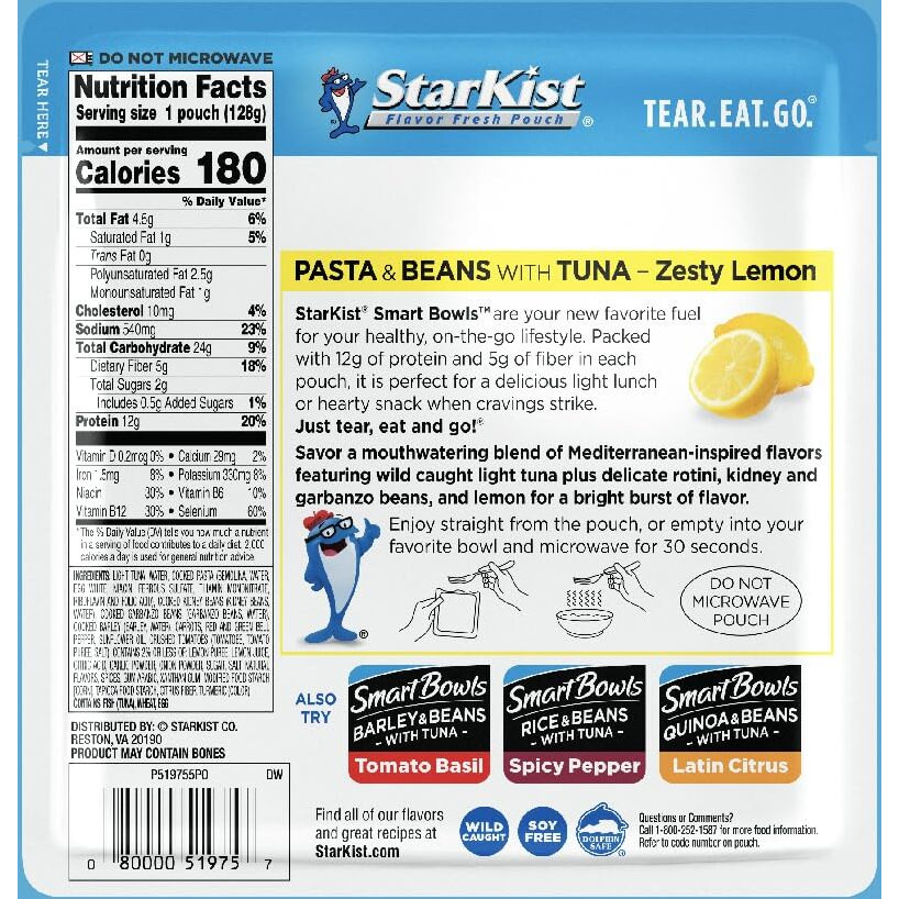 Starkist Smart Bowls Zesty Lemon, 4.5 Oz Pouch (Pack Of 12) - Features Pasta & Beans With Wild Caught Light Tuna