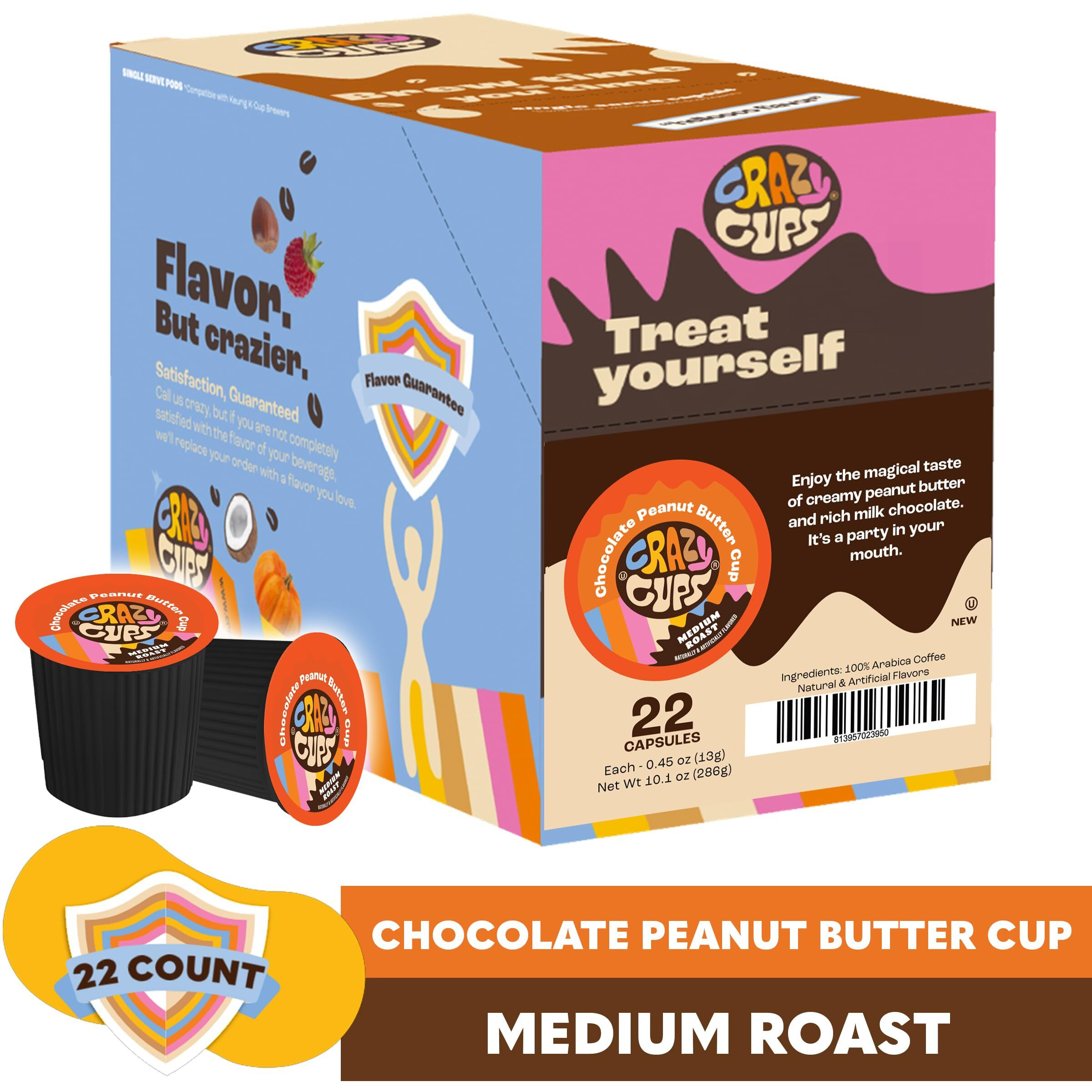 Crazy Cups Chocolate Peanut Butter Hot Or Iced Coffee Cup, Single Serve For Keurig K-Cups Machines, Medium Roast In Recyclable Pods, 22 Count (Pack Of 1)