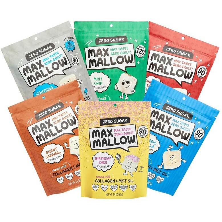 Know Brainer Max Mallow Variety Pack Guilt-Free & Zero Sugar Marshmallows - Low Carb, Zero Fat, Gluten-Free & Ketogenic Marshmallow Fueled With Collagen, Mct Oil & Prebiotic Fiber Pack Of 6