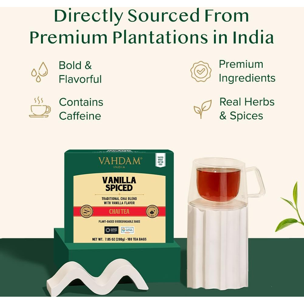 Vahdam, Vanilla Spiced Chai Tea | 100 Tea Bags | Spiced Masala Chai Tea | Delicious Blend Of Vanilla Tea | Spiced Chai Tea Bag | Brew As Hot, Cold Or Iced Tea