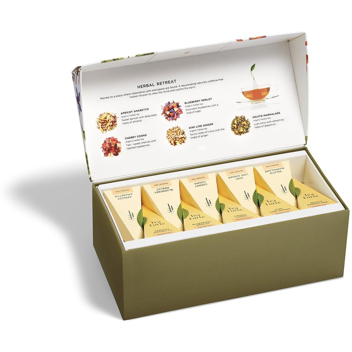 Tea Forte Presentation Box Tea Sampler Gift Set, 20 Assorted Variety Handcrafted Pyramid Tea Infuser Bags (Herbal Retreat)