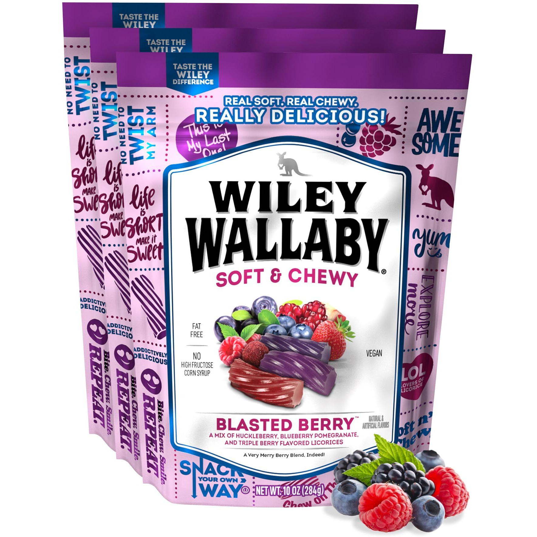 Wiley Wallaby Licorice 10 Ounce Classic Gourmet Soft & Chewy Australian Blasted Berry Candy Twists, 3 Pack