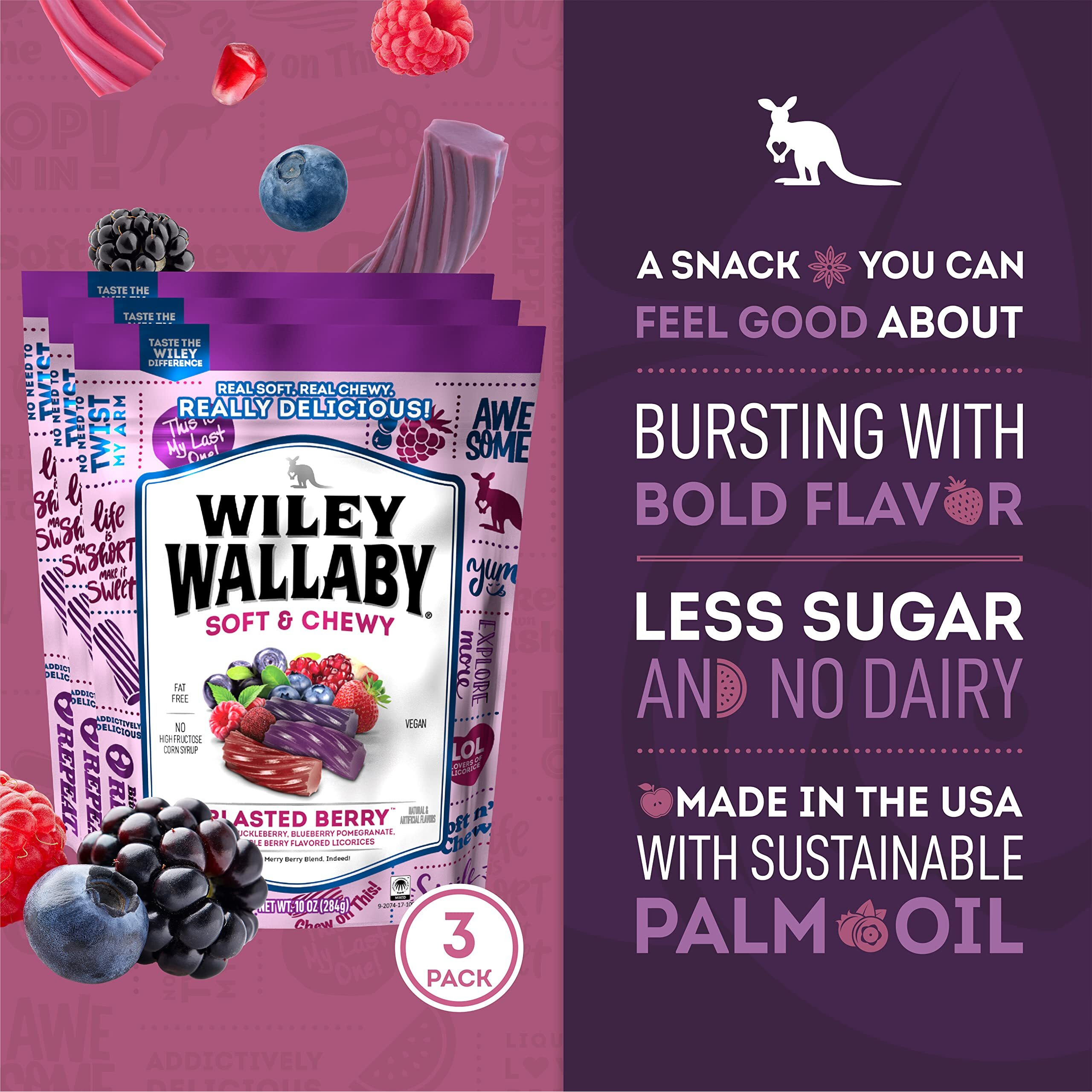 Wiley Wallaby Licorice 10 Ounce Classic Gourmet Soft & Chewy Australian Blasted Berry Candy Twists, 3 Pack