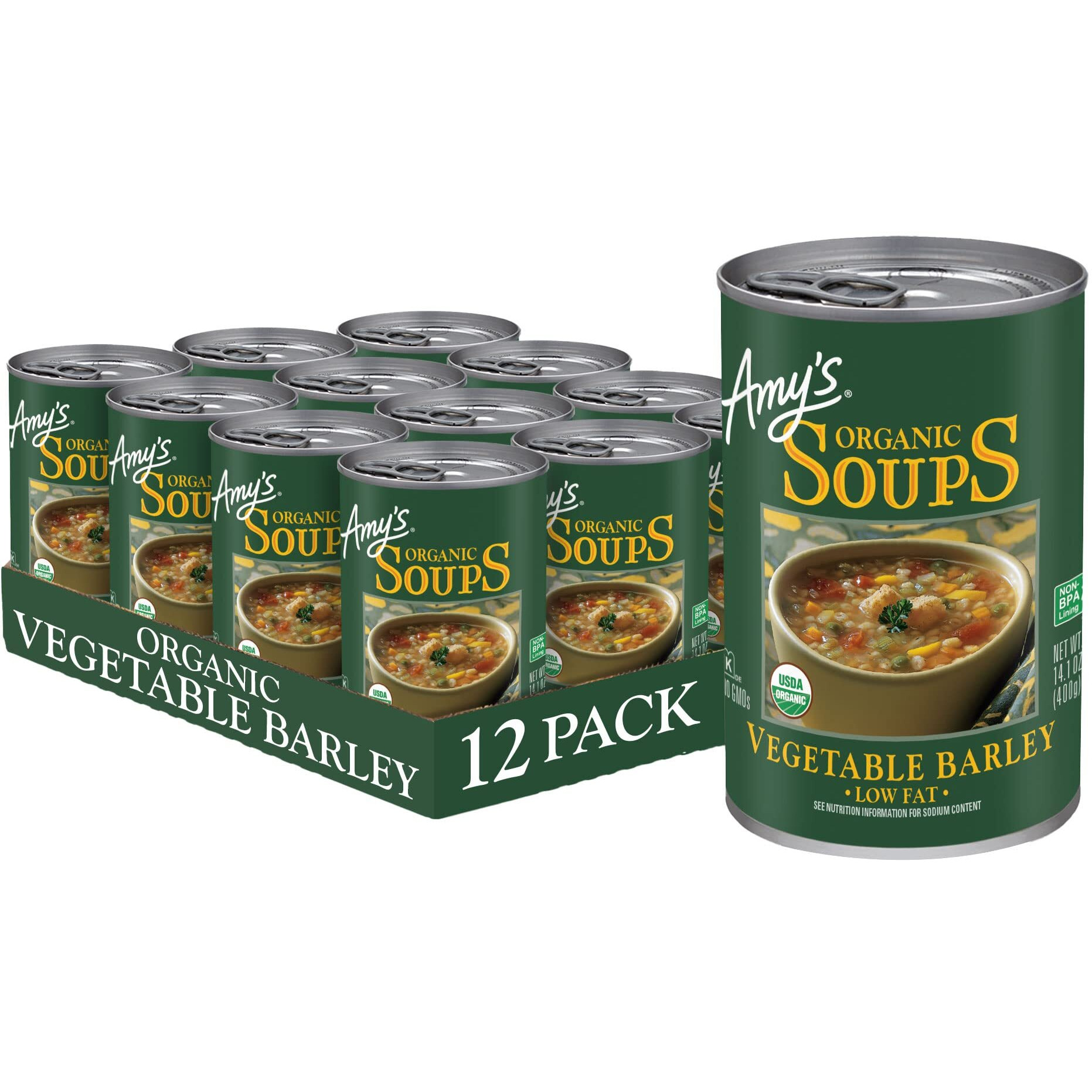 Amys Soup, Vegan Vegetable Barley Soup, Low Fat, Made With Organic Tomatoes, Carrots And Celery, Canned Soup, 14.1 Oz (12 Pack)