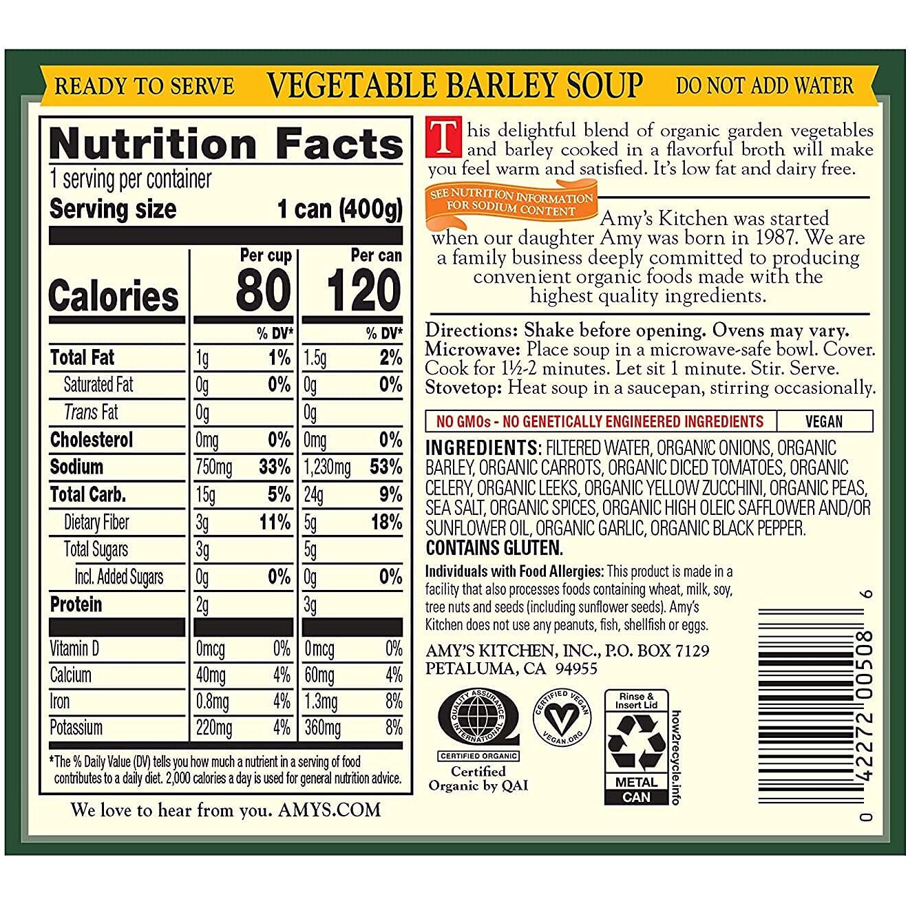 Amys Soup, Vegan Vegetable Barley Soup, Low Fat, Made With Organic Tomatoes, Carrots And Celery, Canned Soup, 14.1 Oz (12 Pack)