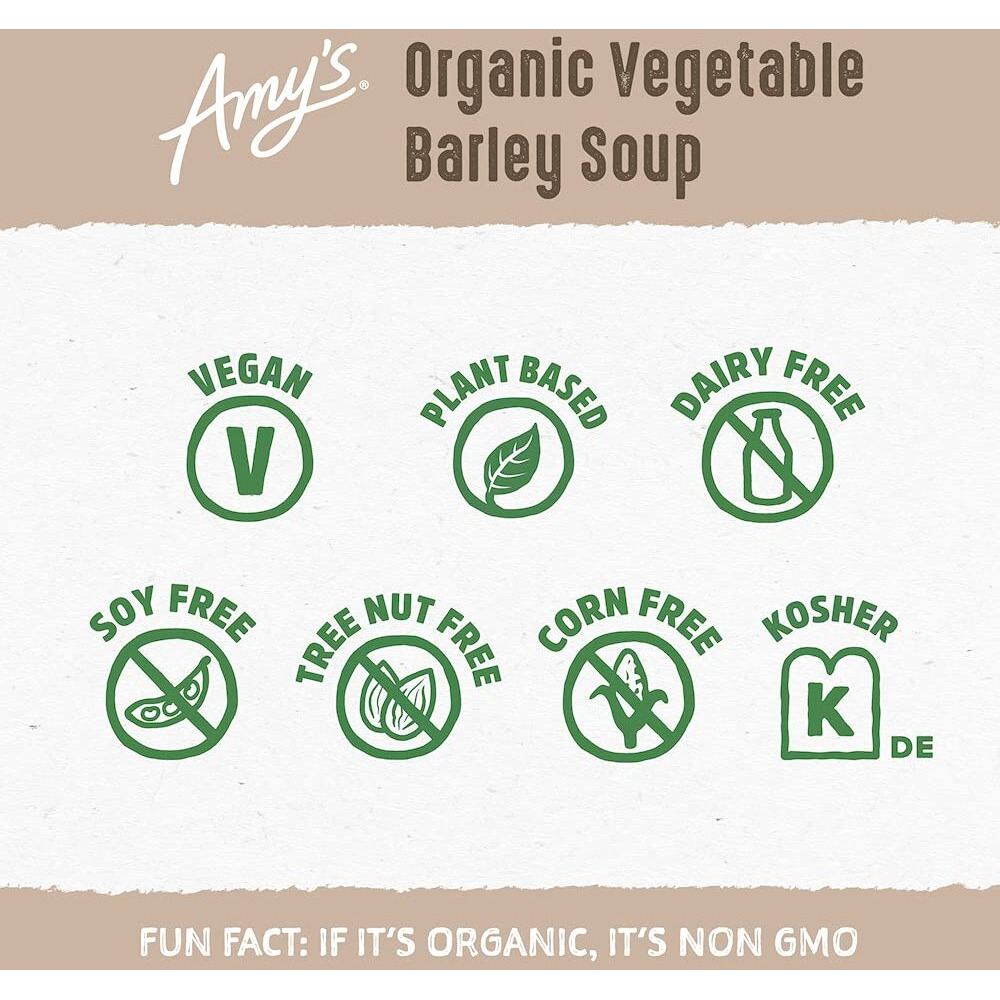 Amys Soup, Vegan Vegetable Barley Soup, Low Fat, Made With Organic Tomatoes, Carrots And Celery, Canned Soup, 14.1 Oz (12 Pack)