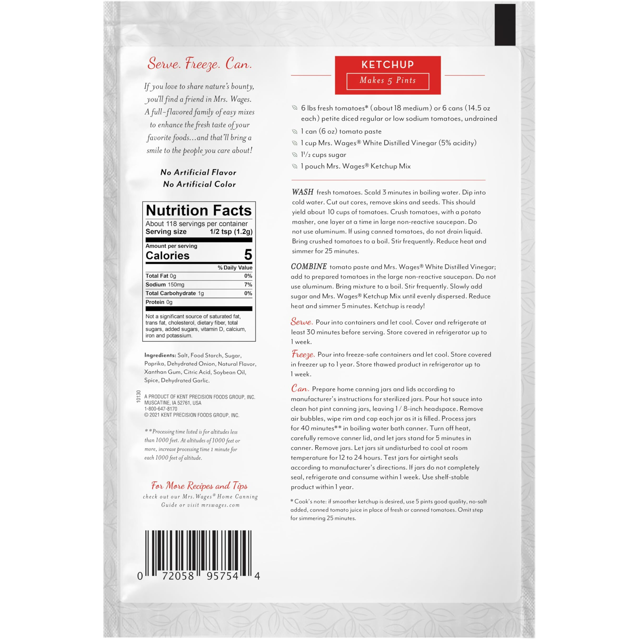 Mrs. Wages Ketchup Mix Easy-To-Use Enhance Your Tomatoes Makes Ketchup In Bulk Easy To Freeze Or Serve Fresh 5 Oz Packet (Value Pack Of 6)