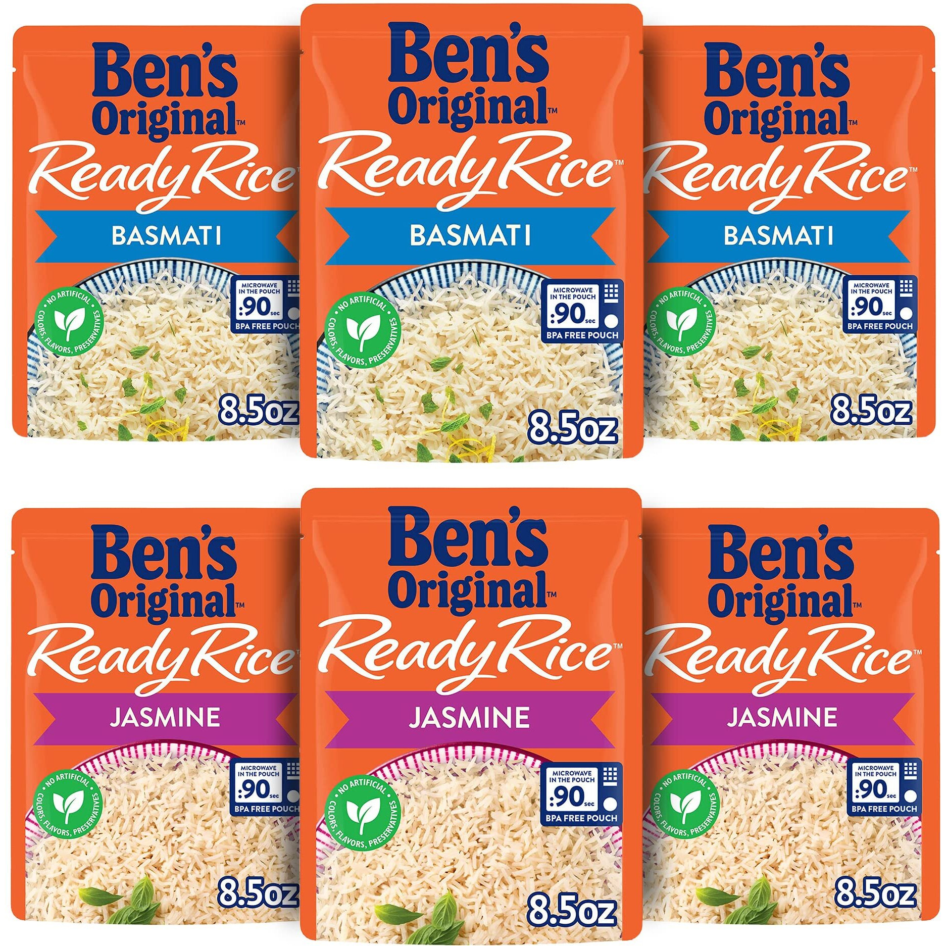 Ben's Original Ready Rice Basmati And Jasmine Rice Variety Pack, Easy Dinner Sides, 8.5 Oz Pouch (Pack Of 6)
