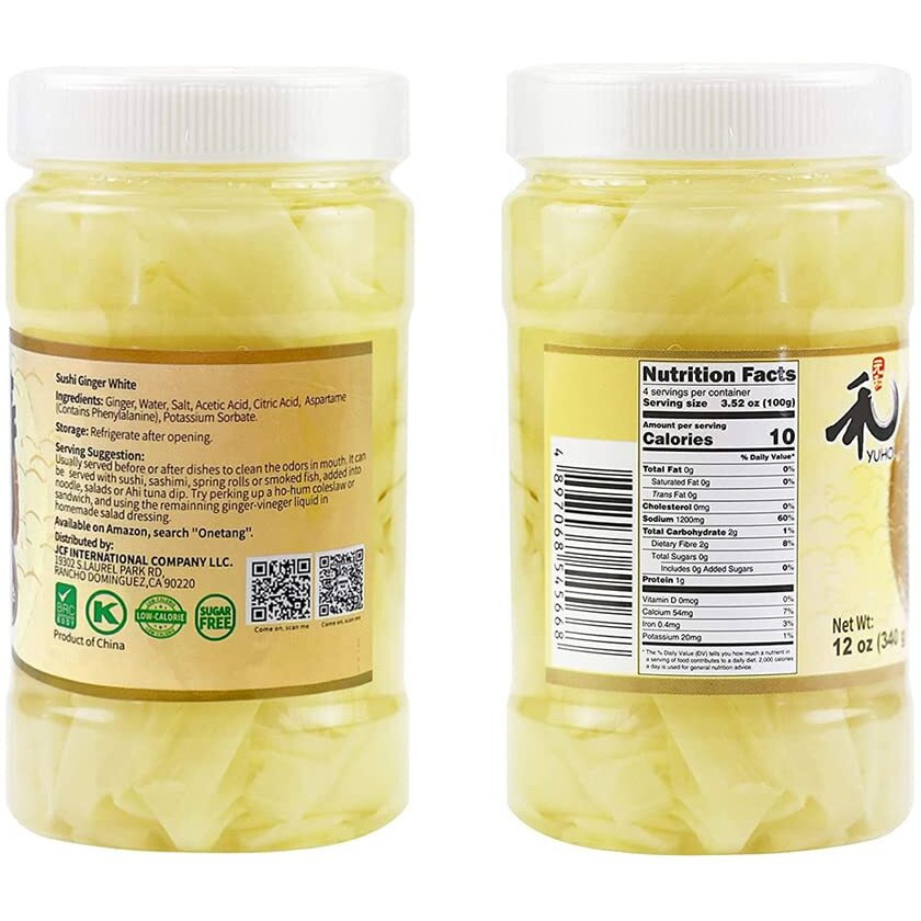 Yuho Pickled Sushi Ginger, Japanese White Gari Sushi Ginger Fat Free, Sugar Free, Kosher, Brc, No Msg, Low Cal 12 Oz
