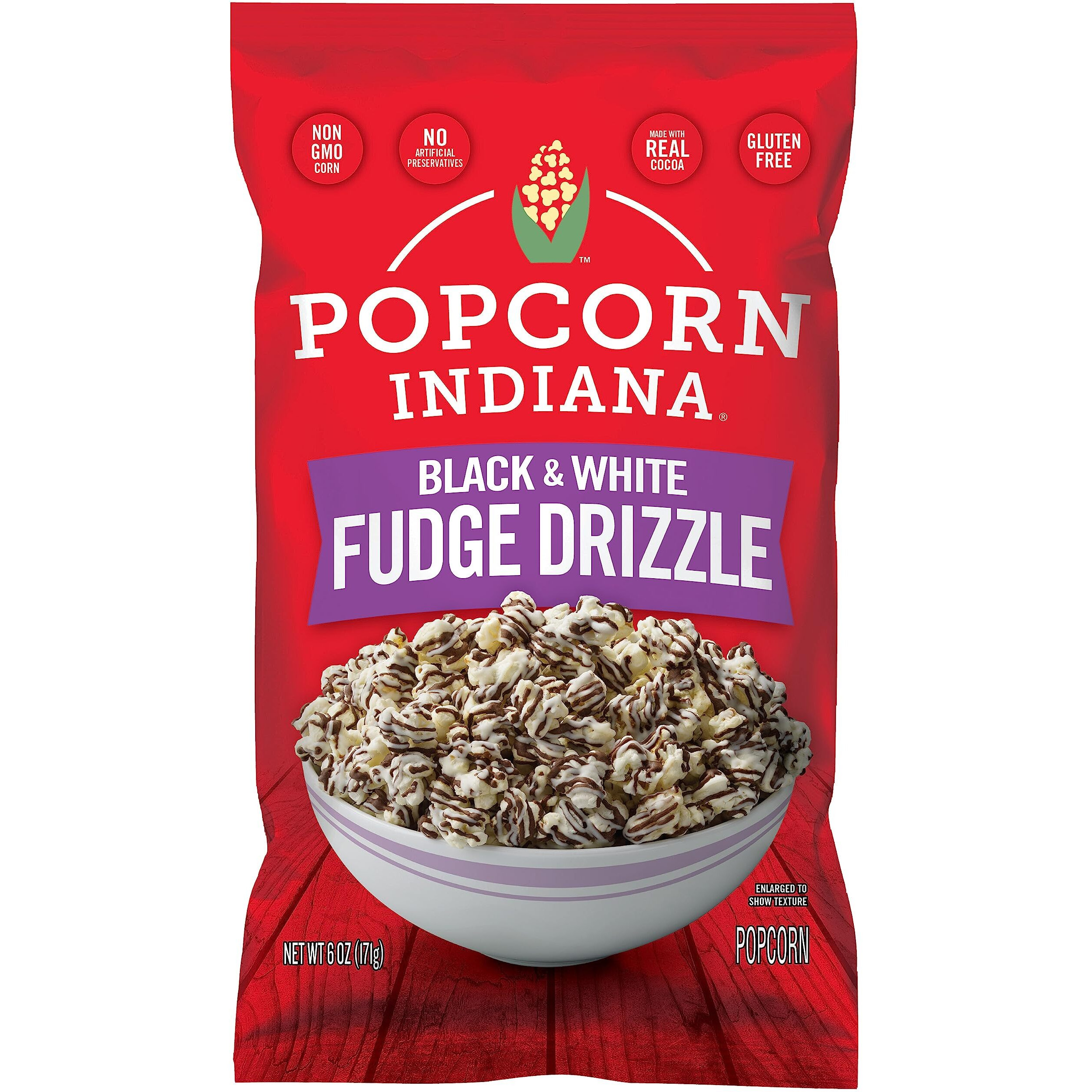 Popcorn Indiana Black & White Fudge Drizzle - Gourmet Chocolate Popcorn Snacks In Individual Bags, 6 Oz (6 Pack)