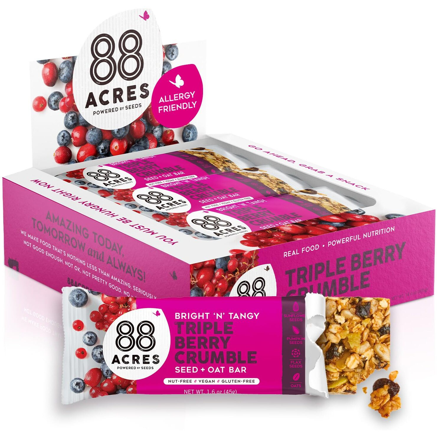 88 Acres Granola Bars | Triple Berry | Gluten Free, Nut-Free Oat And Seed Snack Bar | Vegan & Non Gmo | 12 Pack