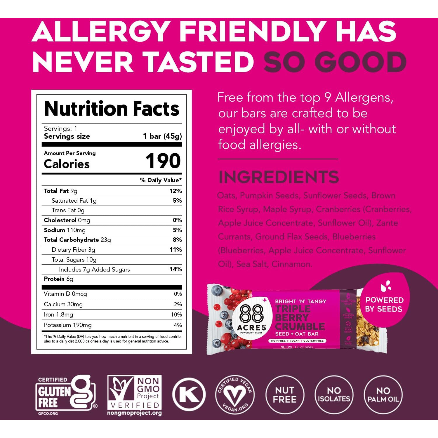 88 Acres Granola Bars | Triple Berry | Gluten Free, Nut-Free Oat And Seed Snack Bar | Vegan & Non Gmo | 12 Pack