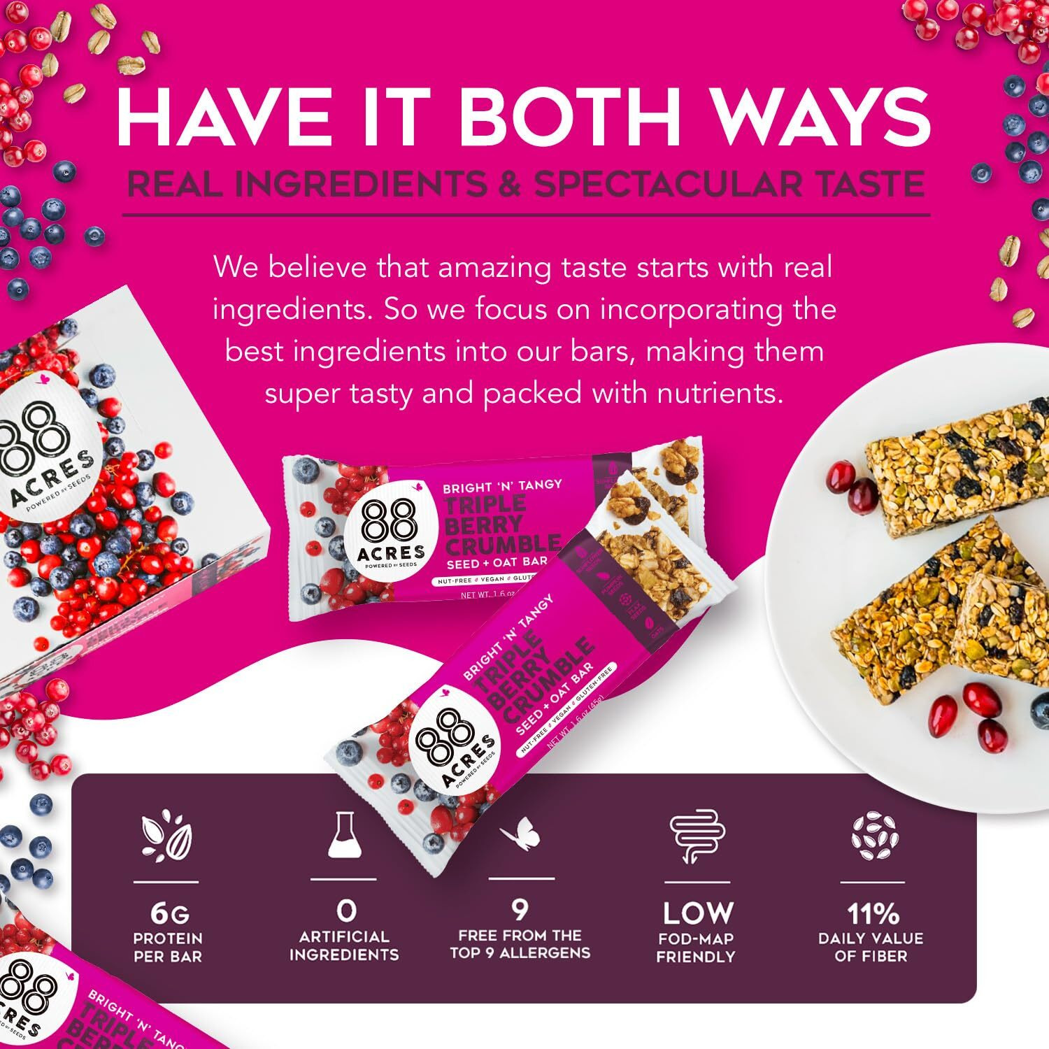 88 Acres Granola Bars | Triple Berry | Gluten Free, Nut-Free Oat And Seed Snack Bar | Vegan & Non Gmo | 12 Pack