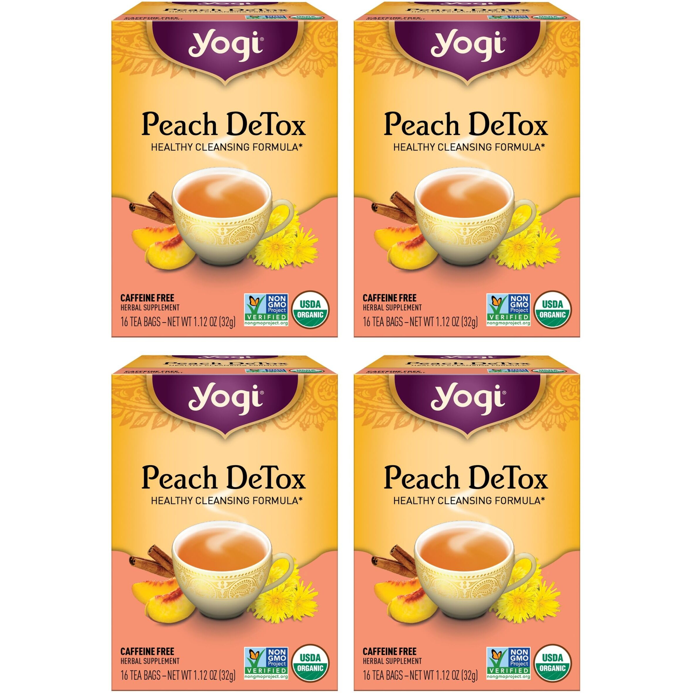Yogi Tea Peach Detox Tea - 16 Tea Bags Per Pack (4 Packs) - Organic Detox Tea To Feel Refreshed - Includes Cinnamon Bark, Ginger Root, Cardamom Pod, Burdock Root, Dandelion Root & More