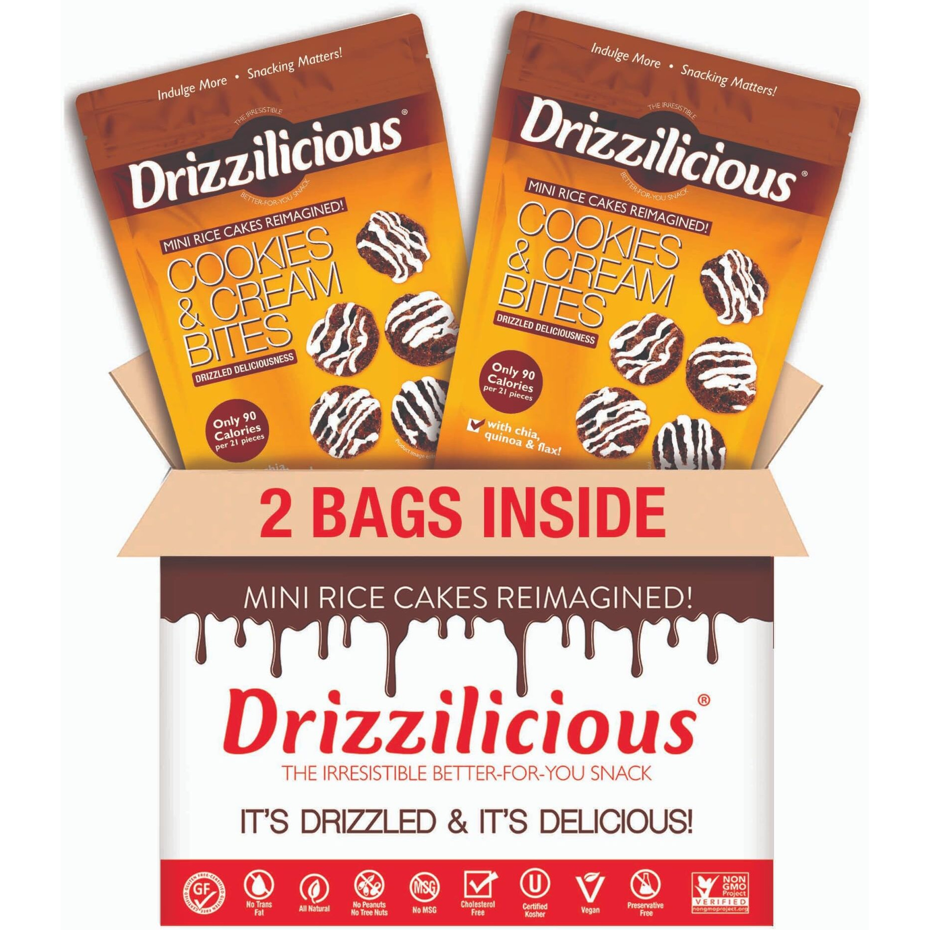 Drizzilicious Mini Rice Cakes Cookies & Cream - Rice Crisps, Healthy Snack For Adults And Kids, Flavored Rice Cakes, Vegan, Gluten Free, Allergen Free, Only 90 Calories Per Serving - 4 Oz (Pack Of 2)