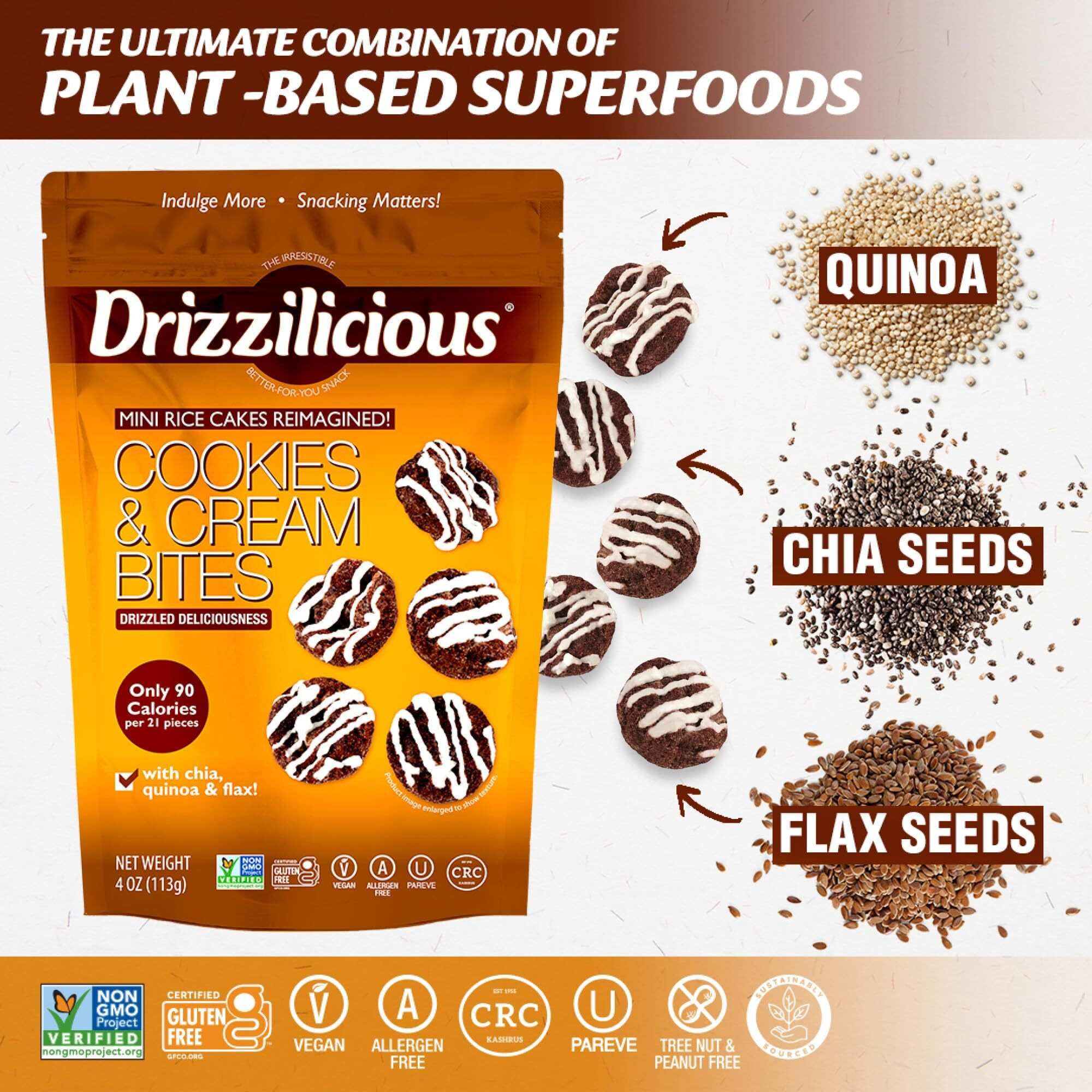 Drizzilicious Mini Rice Cakes Cookies & Cream - Rice Crisps, Healthy Snack For Adults And Kids, Flavored Rice Cakes, Vegan, Gluten Free, Allergen Free, Only 90 Calories Per Serving - 4 Oz (Pack Of 2)