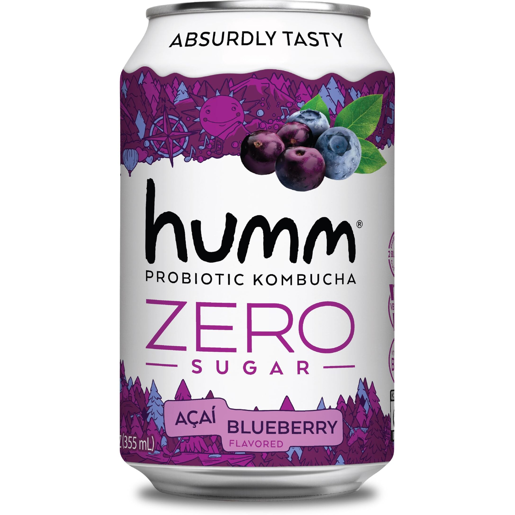 Humm Probiotic Kombucha Zero Sugar Blueberry Acai - No Refrigeration Needed, Keto-Friendly, Organic, Vegan, Gluten-Free - 12Oz Cans (8 Pack)