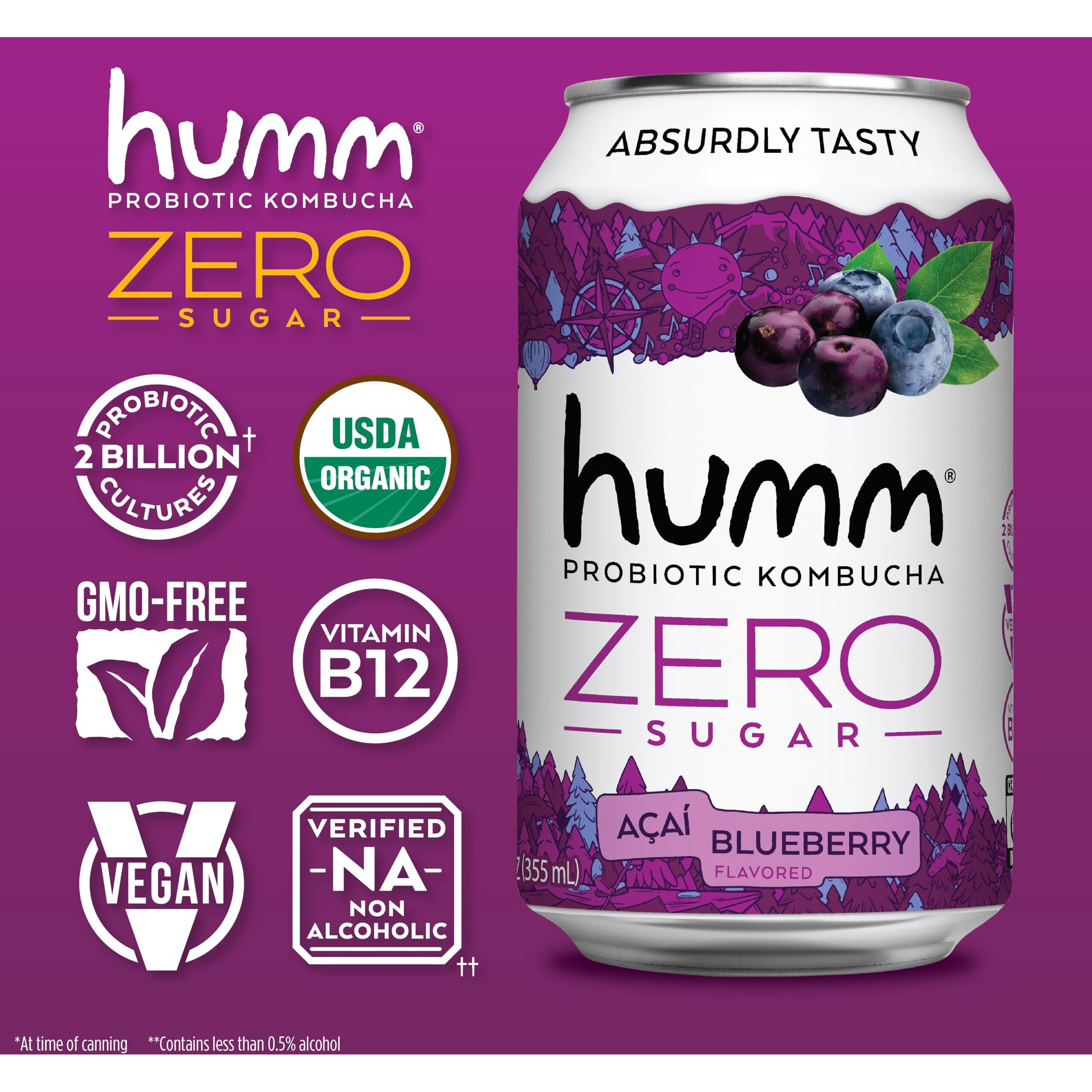 Humm Probiotic Kombucha Zero Sugar Blueberry Acai - No Refrigeration Needed, Keto-Friendly, Organic, Vegan, Gluten-Free - 12Oz Cans (8 Pack)