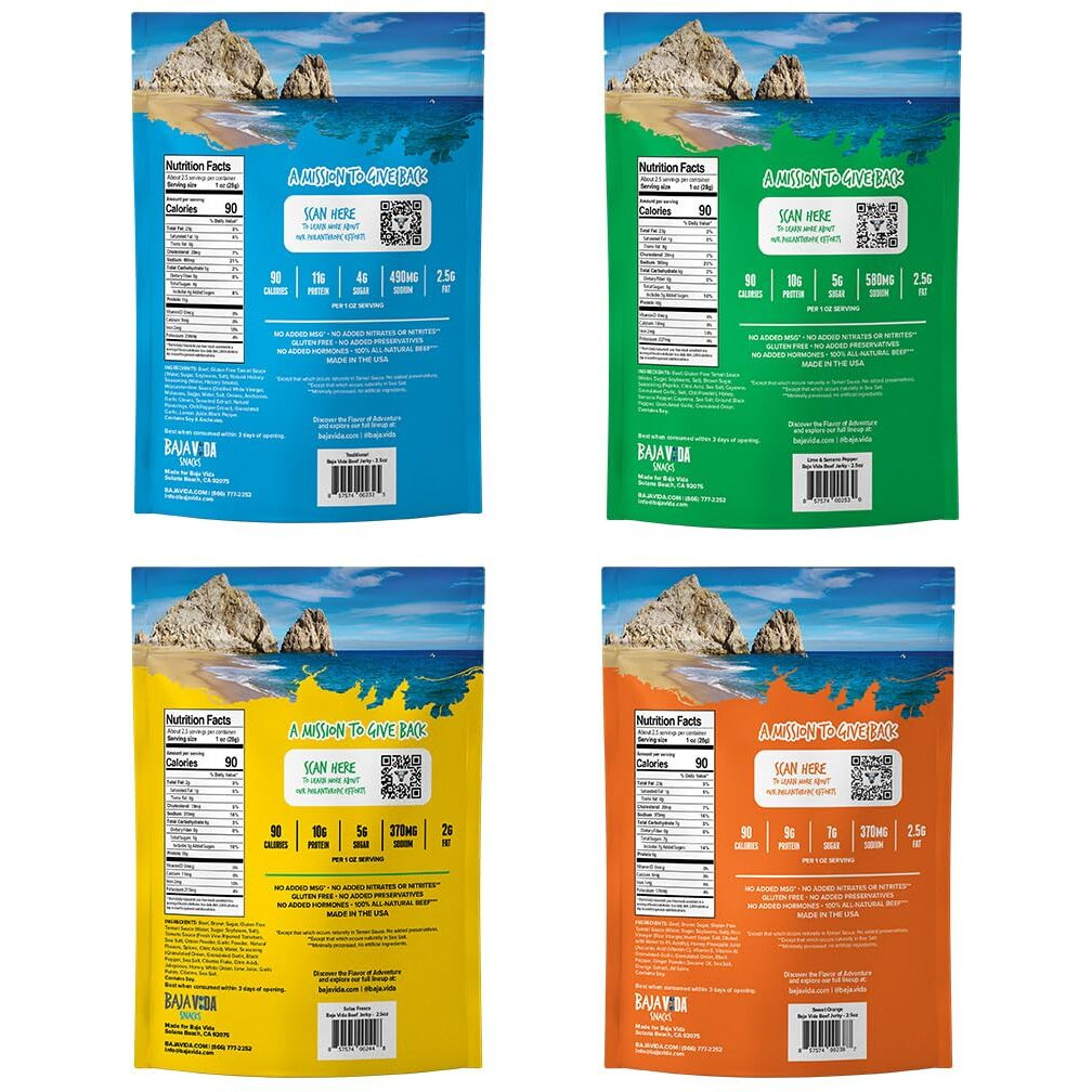 Baja Beef Jerky Snack Pack - Jerky Variety Pack, Beef Jerky Gifts For Men, Beef Jerky Sampler, Craft Jerky, Beef Jerky Assortment, Gluten Free Jerky, High Protein Jerky - 2.5 Oz Bags (Pack Of 4)