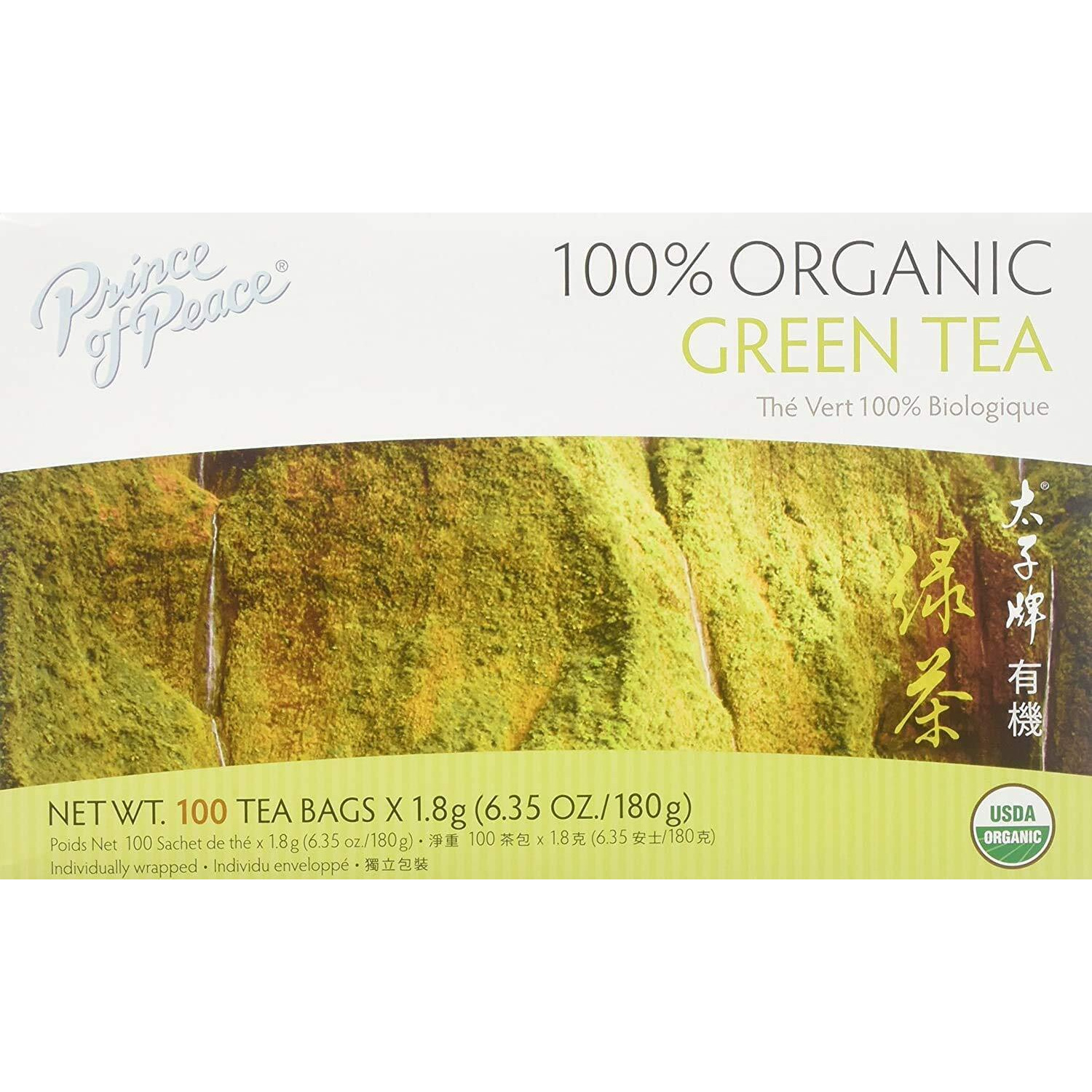 Prince Of Peace Organic Green Tea, 100 Tea Bags - 100% Organic Green Tea - Unsweetened Green Tea - Lower Caffeine Alternative To Coffee - Herbal Health Benefits