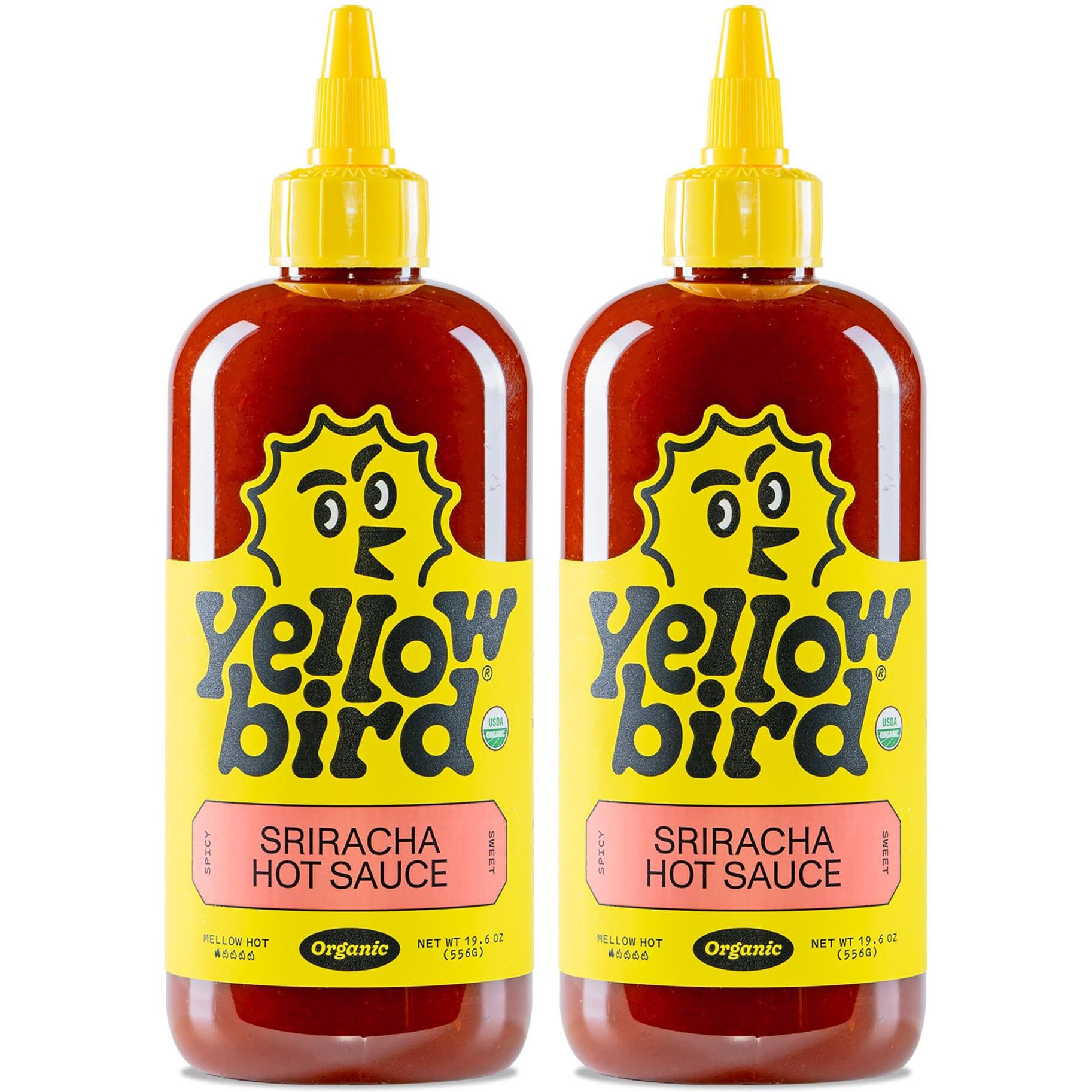 Yellowbird Organic Sriracha Sauce - Vegan, Gluten-Free Organic Hot Sauce Sweetened With Dates - Tabletop Size - Plant-Based Garlic Sriracha Hot Sauce Made With Organic Jalapenos - (19.6 Oz, 2 Count)