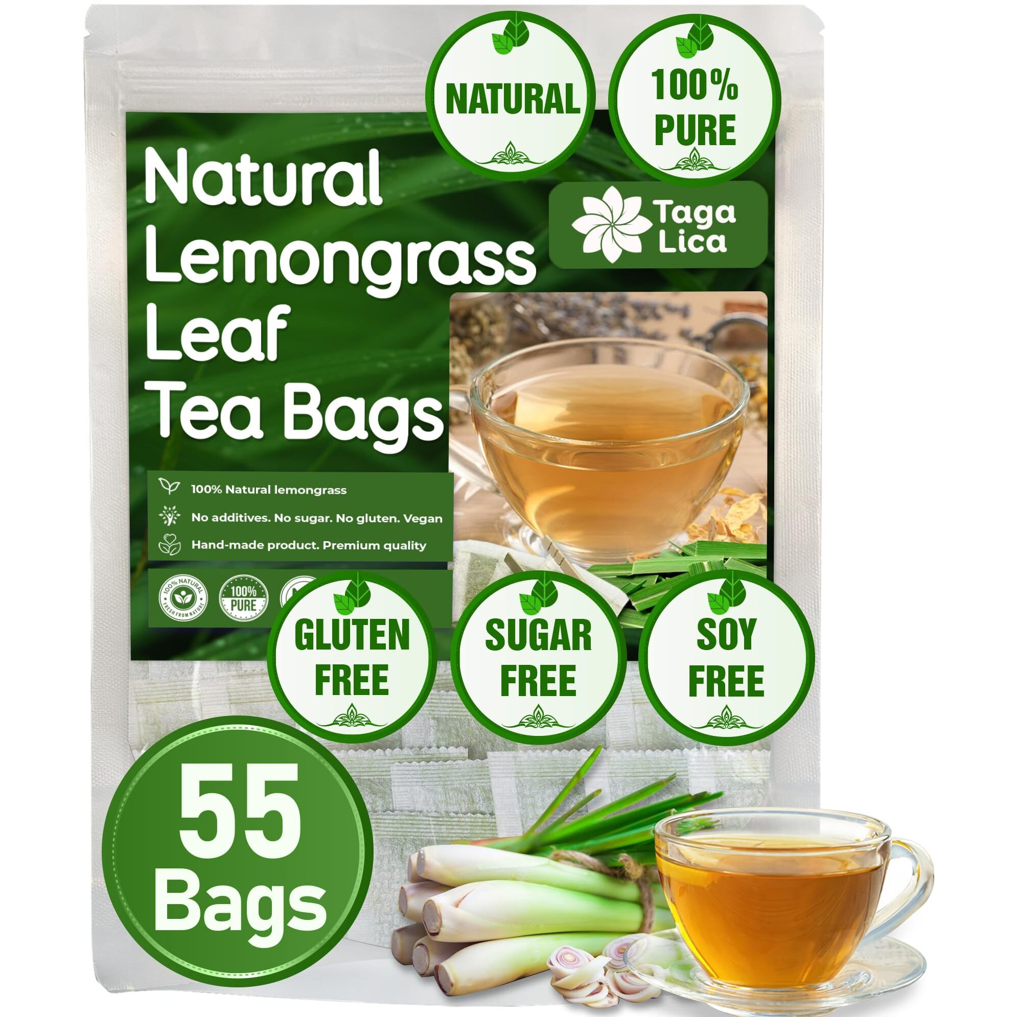 Tagalica, Premium 55 Lemongrass Tea Bags, 100% Natural & Pure Lemongrass Leaves, Eco-Conscious Tea Bags, Lemongrass Herbal Tea. Lemongrass Leaf Tea. No Sugar, No Caffeine, No Gluten, Vegan.