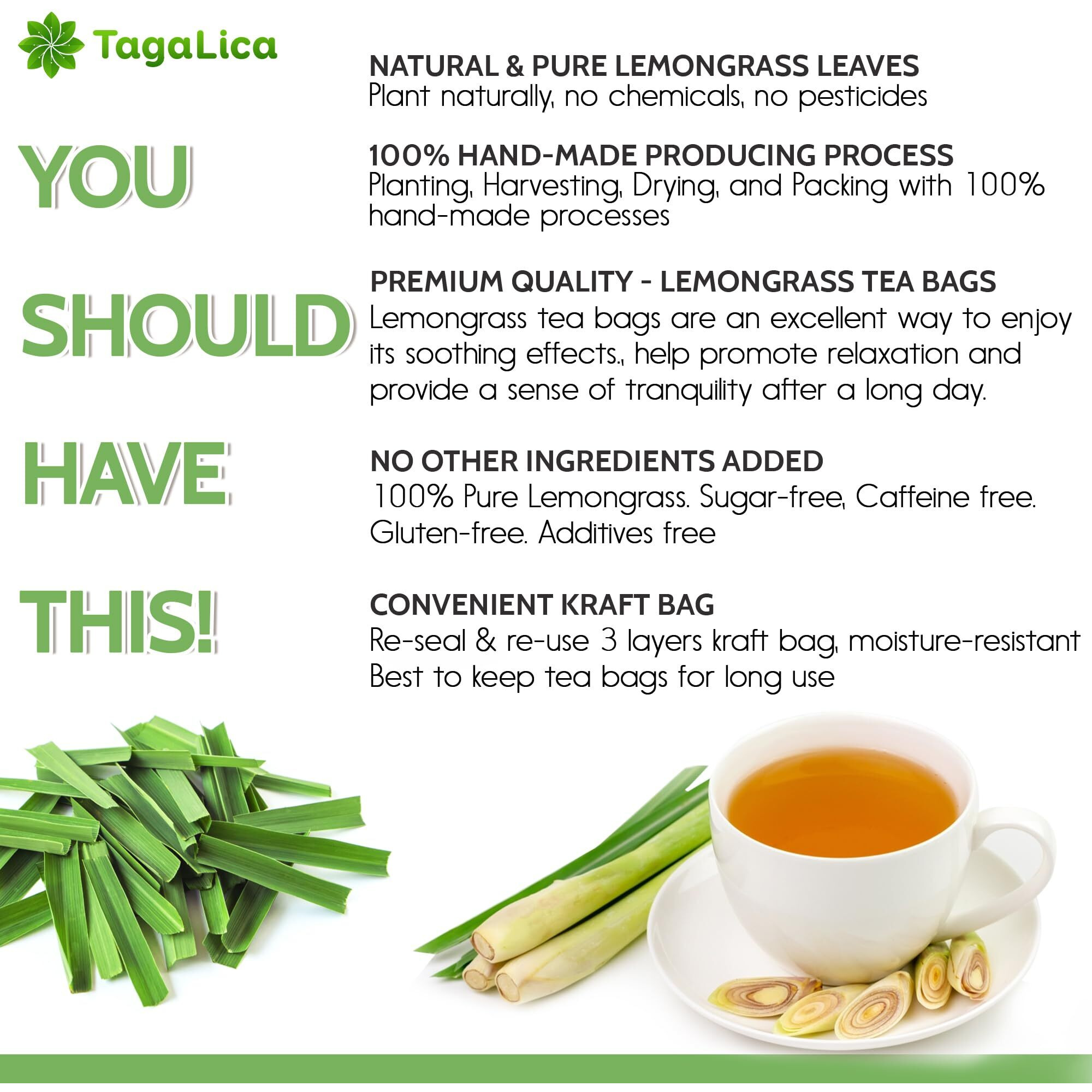 Tagalica, Premium 55 Lemongrass Tea Bags, 100% Natural & Pure Lemongrass Leaves, Eco-Conscious Tea Bags, Lemongrass Herbal Tea. Lemongrass Leaf Tea. No Sugar, No Caffeine, No Gluten, Vegan.