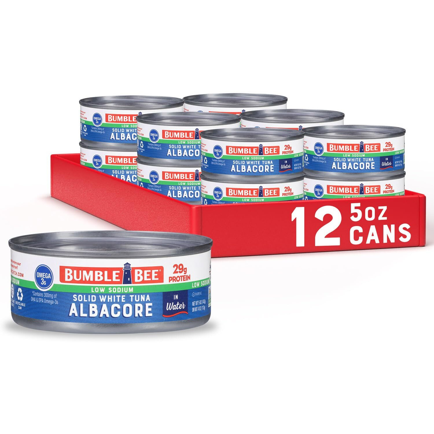 Bumble Bee Low Sodium Solid White Albacore Tuna In Water, 5 Oz Can (Pack Of 12) - Wild Caught Tuna - 29G Protein Per Serving, High In Omega-3S - Non-Gmo Project Verified, Gluten Free, Kosher