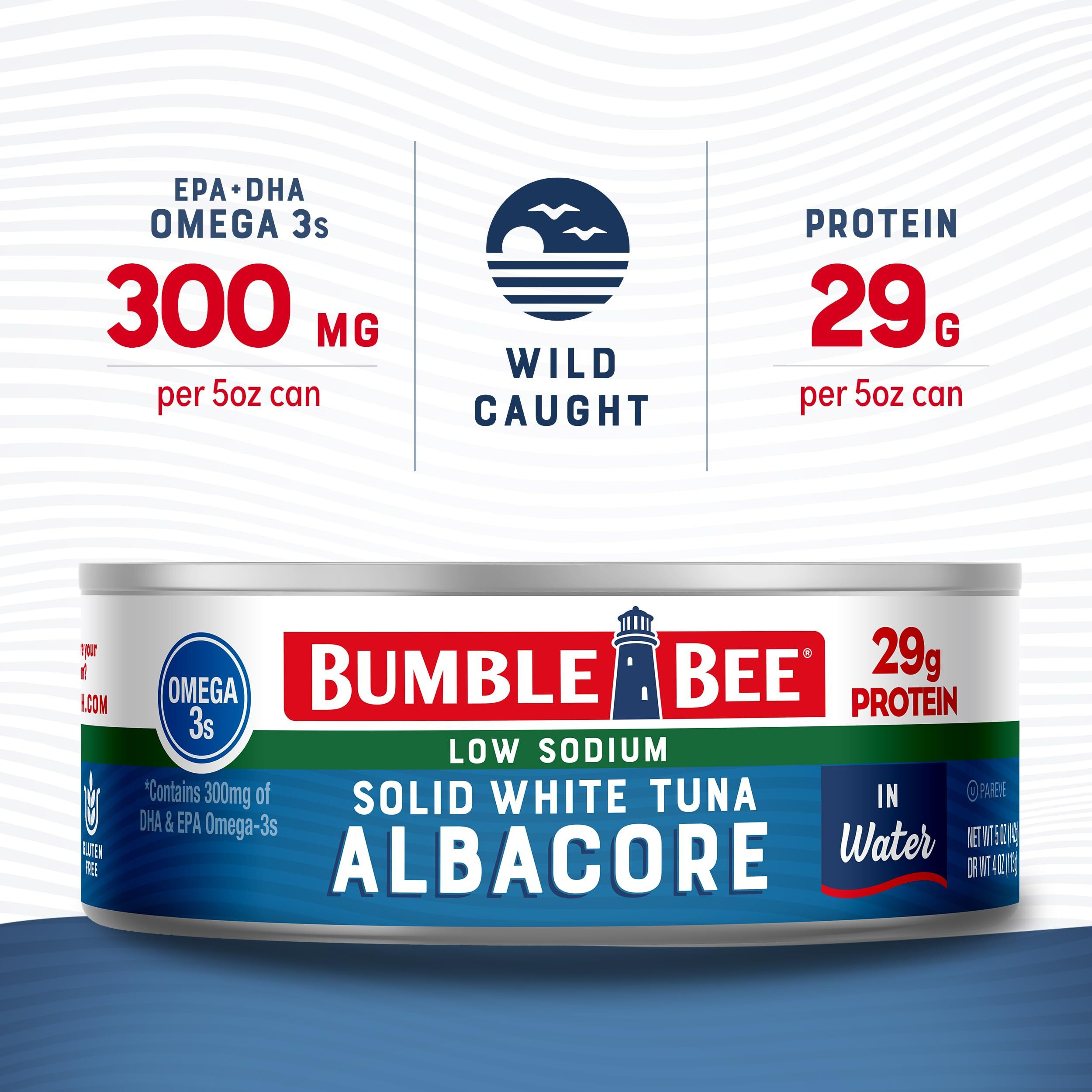 Bumble Bee Low Sodium Solid White Albacore Tuna In Water, 5 Oz Can (Pack Of 12) - Wild Caught Tuna - 29G Protein Per Serving, High In Omega-3S - Non-Gmo Project Verified, Gluten Free, Kosher