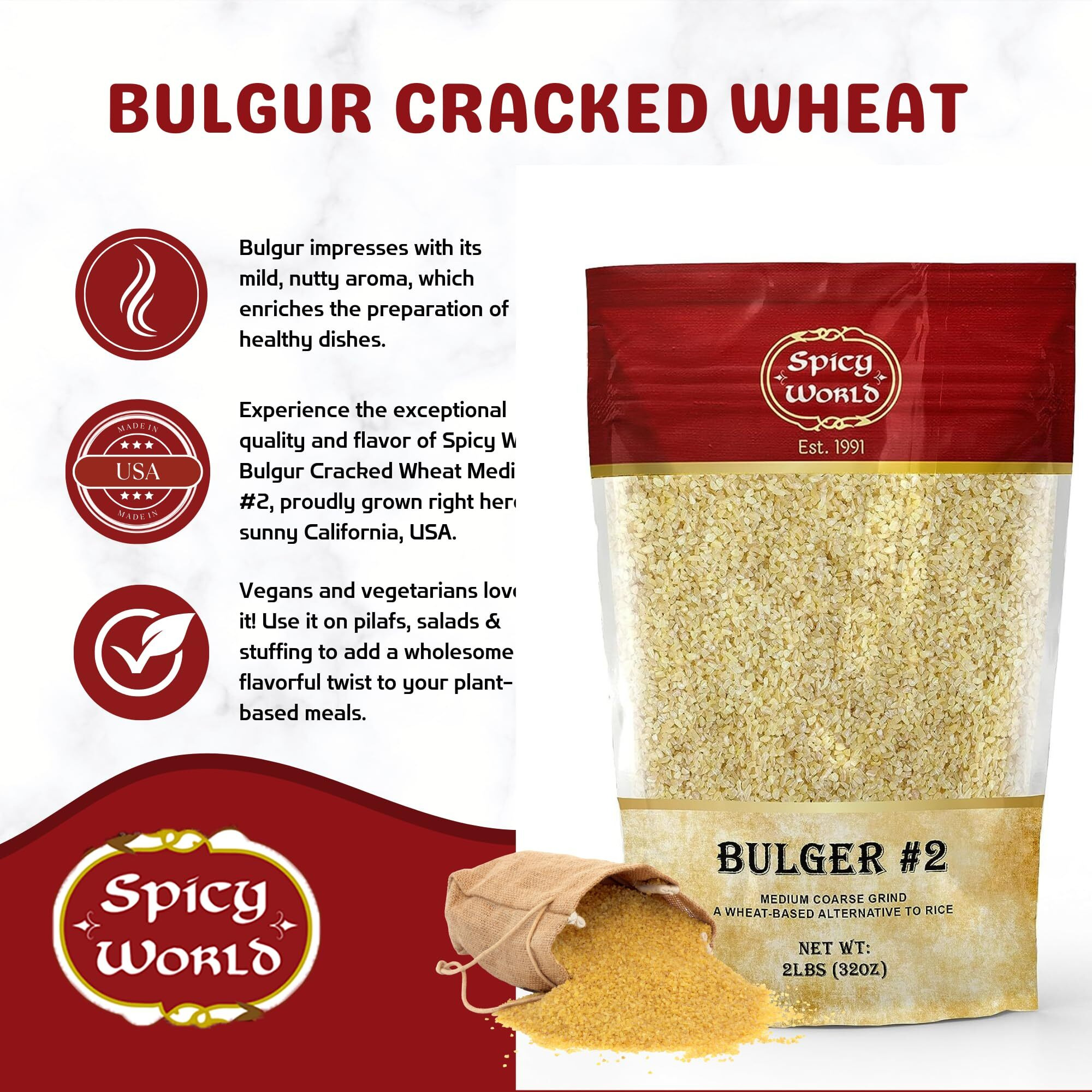 Spicy World Bulgur Cracked Wheat Medium Coarse 2, 2 Lb Bag (32Oz) | Excellent Usa Grown Bulgar Wheat For Tabouleh | 100% Natural & Pure | Great For Vegan Recipes