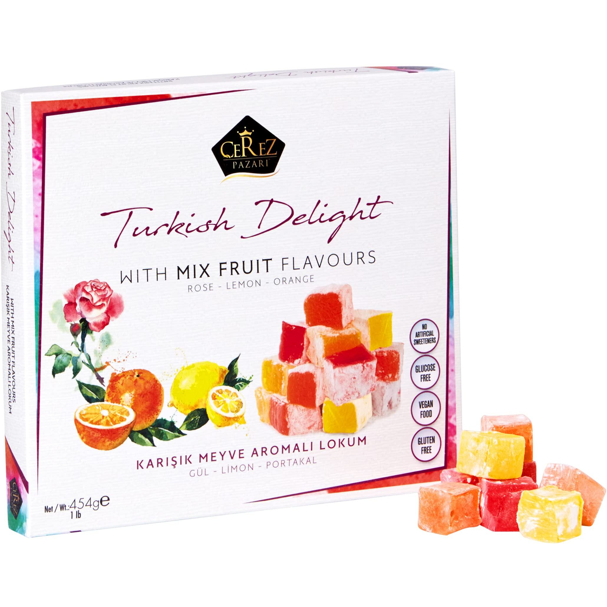 Cerez Pazari Turkish Delight With Rose, Orange And Lemon Mix Flavours 16 Oz Gourmet Medium Size Snacks Gift Box, No Nuts Sweet Traditional Confectionery Vegan Candy Dessert Lokum Loukoumi Approx.42Pcs