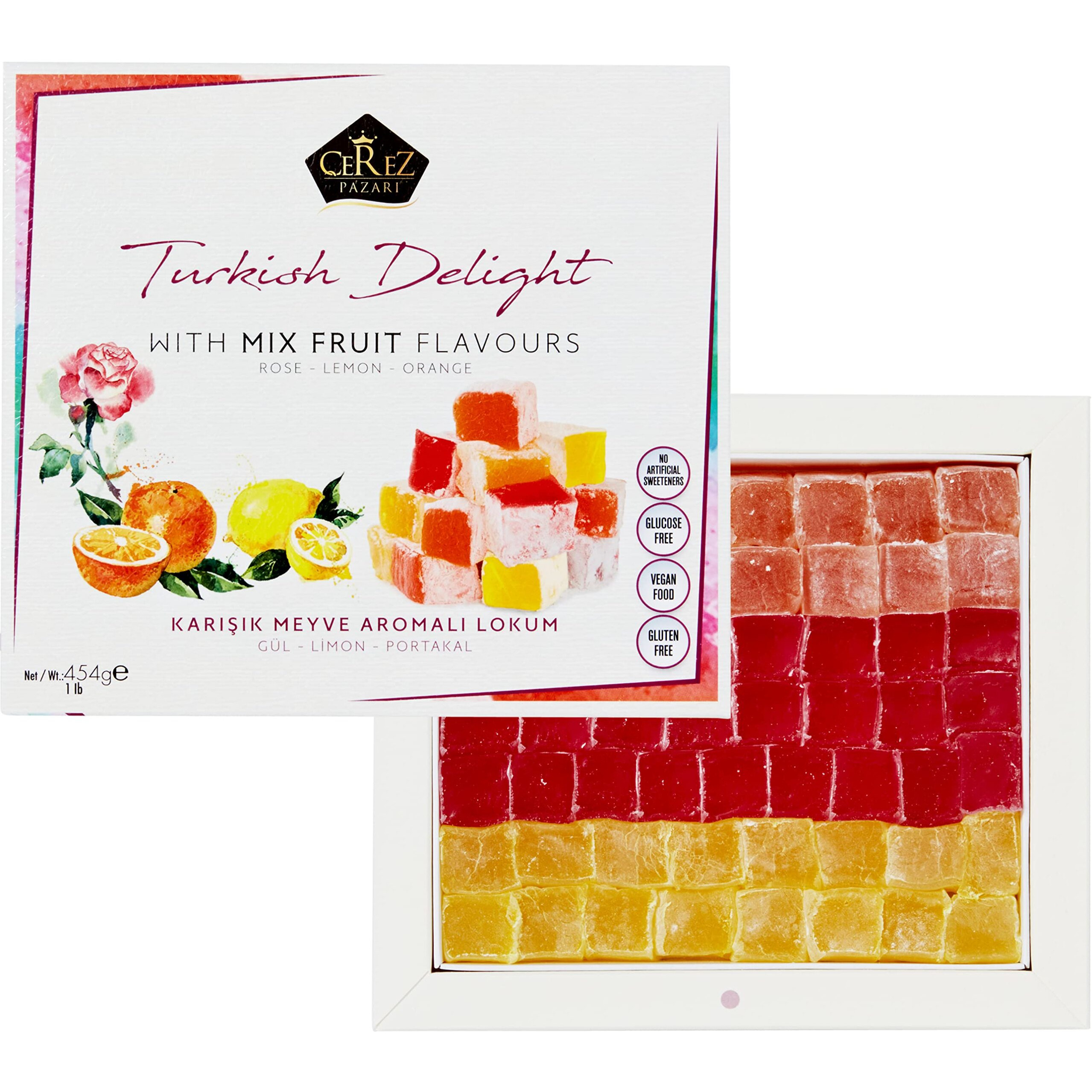 Cerez Pazari Turkish Delight With Rose, Orange And Lemon Mix Flavours 16 Oz Gourmet Medium Size Snacks Gift Box, No Nuts Sweet Traditional Confectionery Vegan Candy Dessert Lokum Loukoumi Approx.42Pcs