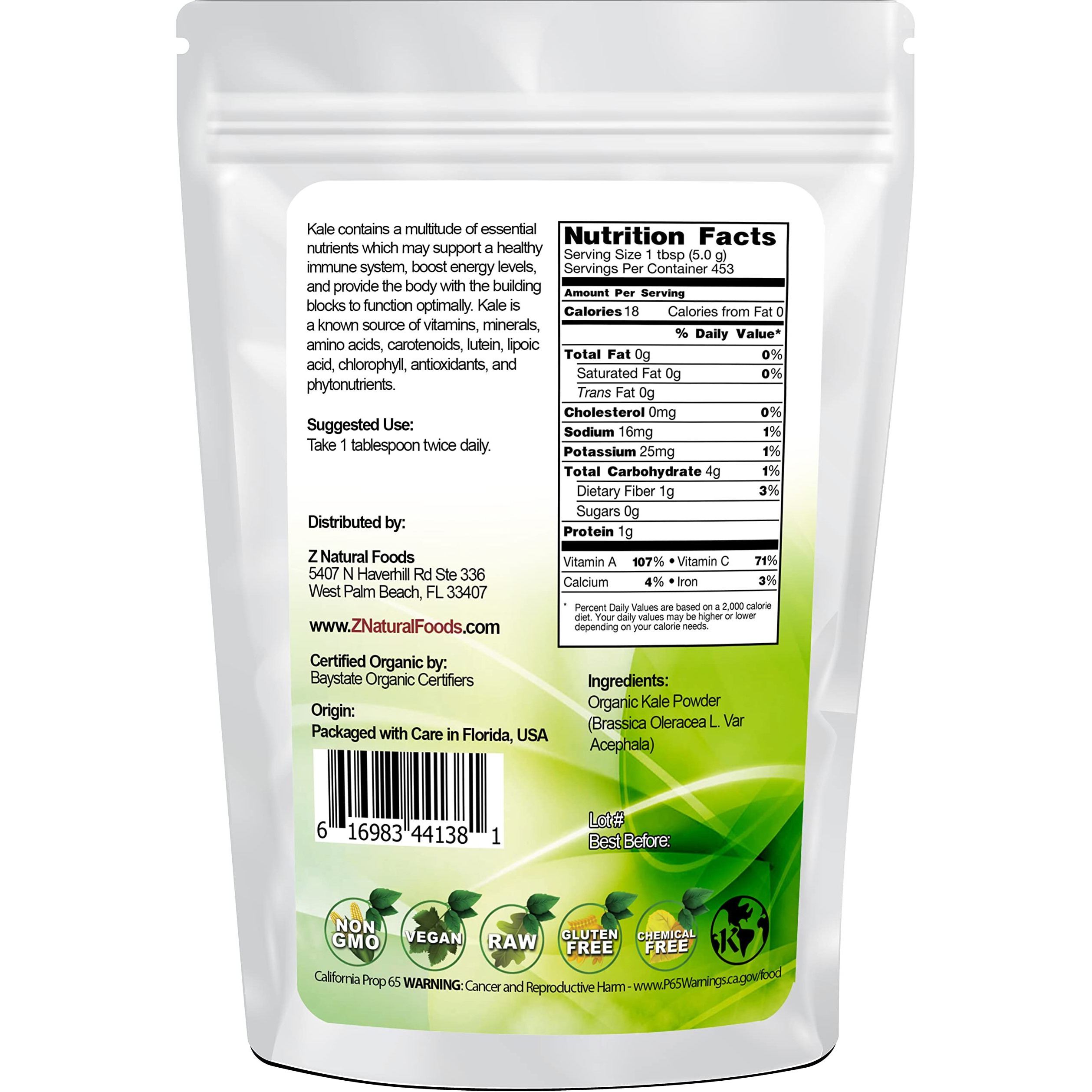 Z Natural Organic Kale Powder, Vegan Superfood Supplement For Drinks, Juice, Shakes, Smoothies Recipes, All Natural, Raw, Vegan, Non Gmo, Gluten Free, Kosher, 5 Lbs