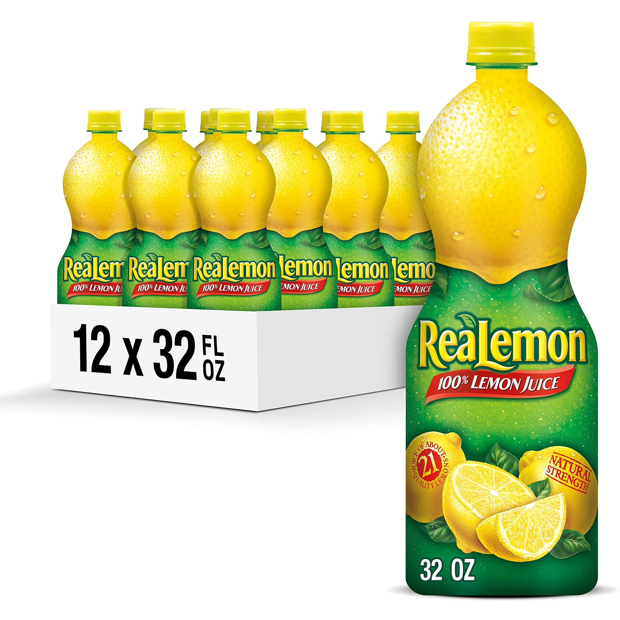 Realemon 100% Lemon Juice, 32 Fl Oz Bottle (Pack Of 12), Made With Lemon Juice From Concentrate, Gluten-Free, Sodium Free, Perfect Mixer To Add To Cocktails And Marinades