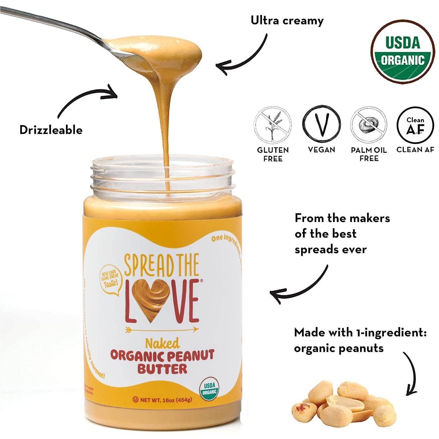 Spread The Love Naked Organic Peanut Butter (Organic, All Natural, Vegan, Gluten-Free, Creamy, Dry-Roasted, No Added Salt, No Added Sugar, No Palm Oil) (3-Pack)