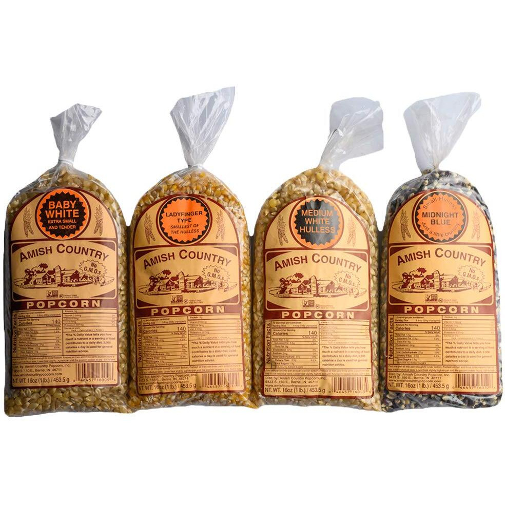 Amish Country Popcorn | 4-1 Lb Bags | Variety Pack | 1 Lb Baby White -1 Lb Medium White - 1 Lb Ladyfinger And 1 Lb Midnight Blue Popcorn Kernels | Old Fashioned, Non-Gmo And Gluten Free (4-1 Lb Bags)