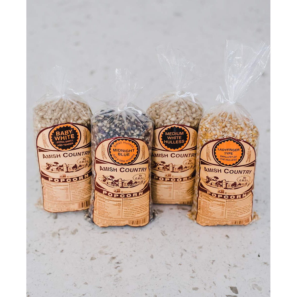 Amish Country Popcorn | 4-1 Lb Bags | Variety Pack | 1 Lb Baby White -1 Lb Medium White - 1 Lb Ladyfinger And 1 Lb Midnight Blue Popcorn Kernels | Old Fashioned, Non-Gmo And Gluten Free (4-1 Lb Bags)