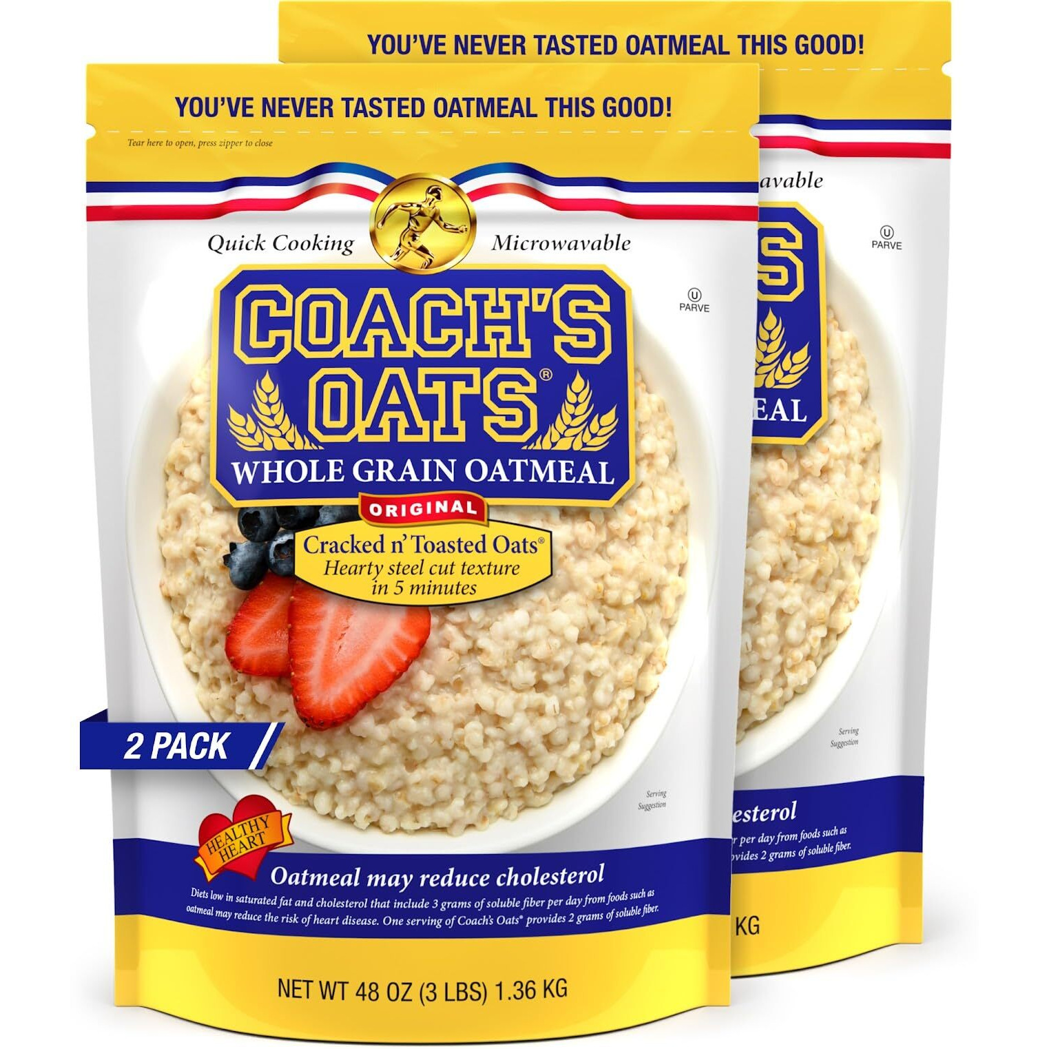 Coach's Oats Whole Grain Oatmeal 3 Lbs (48 Oz) Pack Of 2 | Cracked N Toasted Oats | Quick-Cooking, Steel Cut Texture | Heart-Healthy, Delicious Breakfast | Microwavable, Stovetop, Overnight Oatmeal, Ready In 3 To 5 Minutes | Enjoy The Perfect Start To Your Day