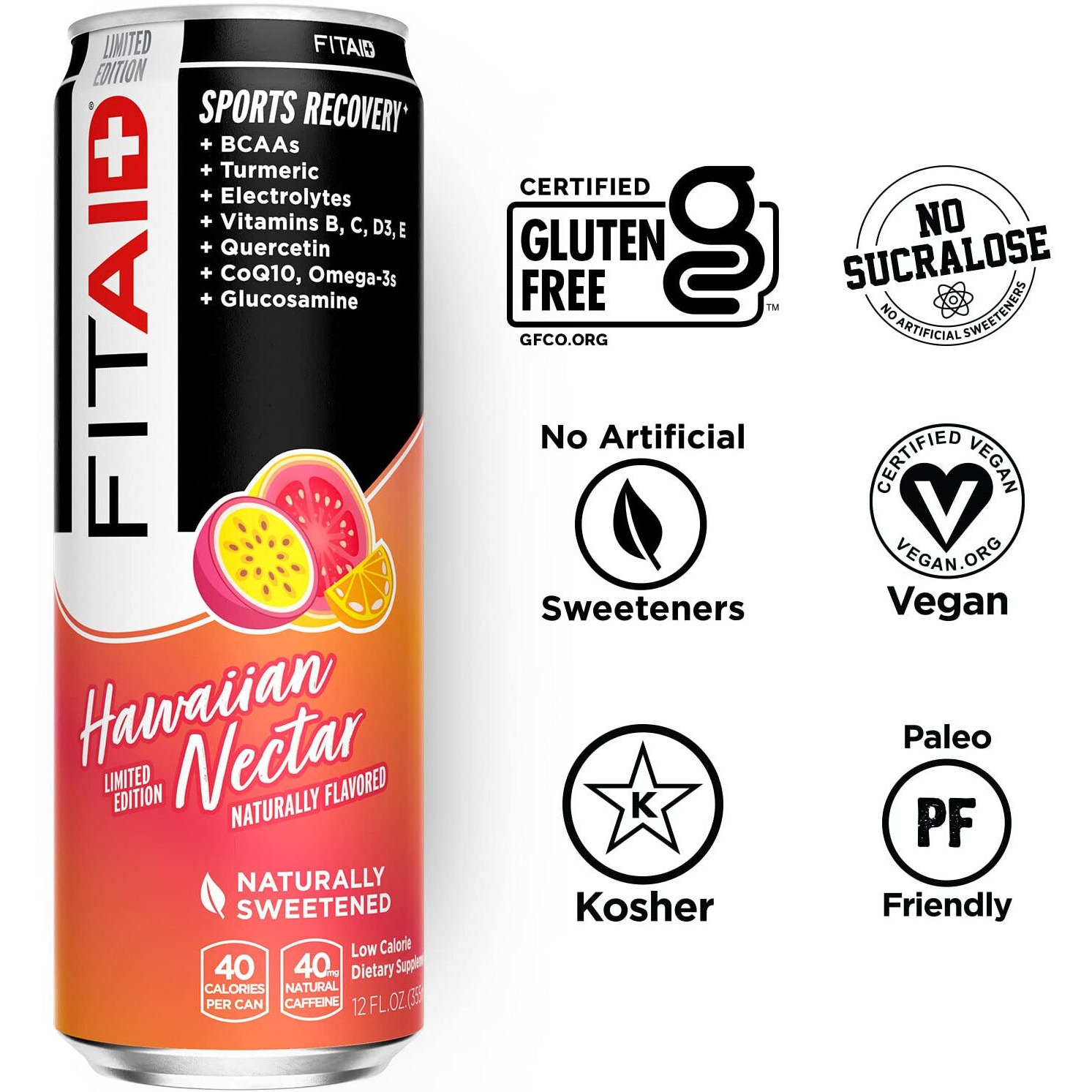 Fitaid Post Workout Recovery Drink, Hawaiian Nectar, Bcaas, Glucosamine, Electrolytes, Paleo, Vegan & Gluten-Free, No Artificial Sweeteners, Naturally Flavored, Vitamins B, C, D3, E, Turmeric