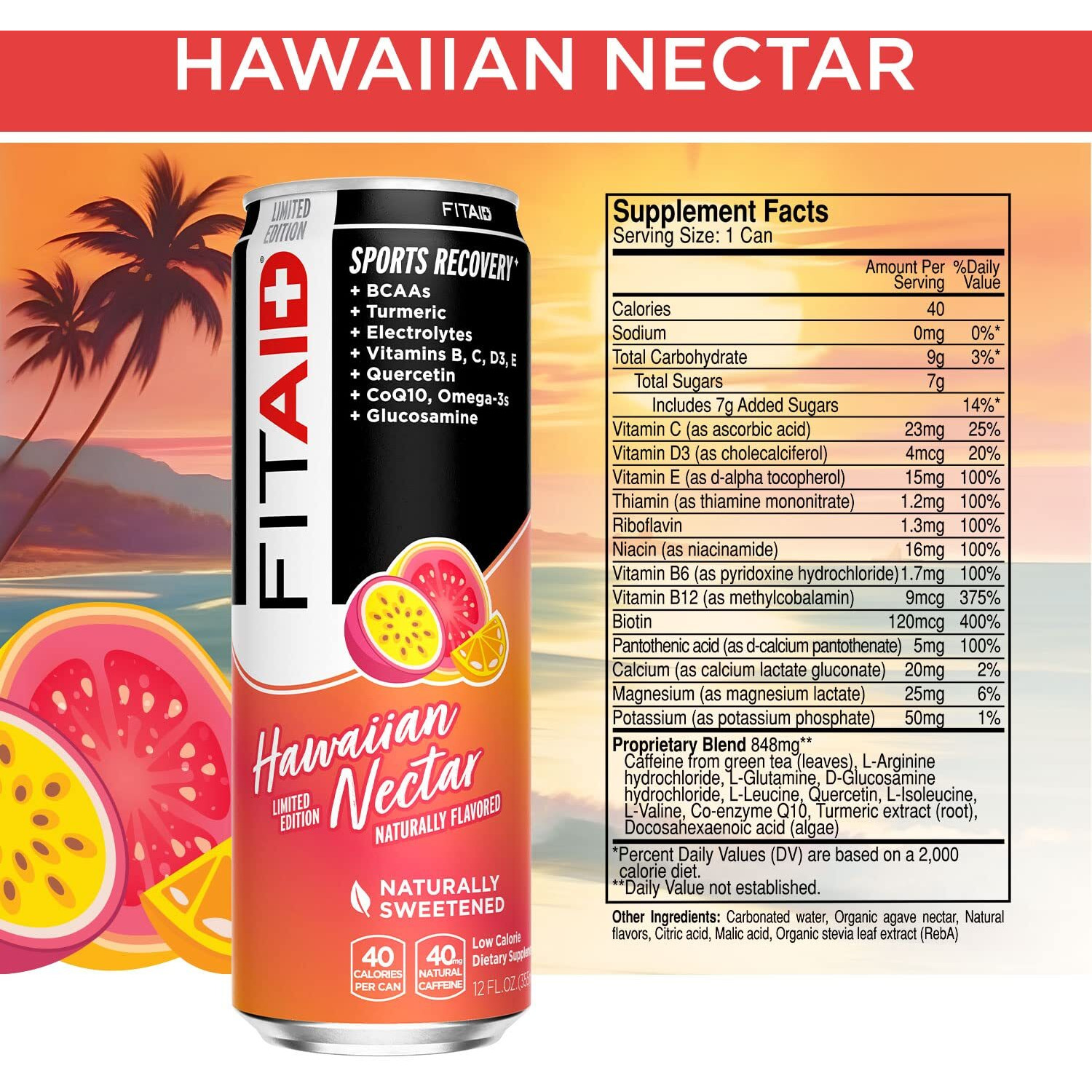 Fitaid Post Workout Recovery Drink, Hawaiian Nectar, Bcaas, Glucosamine, Electrolytes, Paleo, Vegan & Gluten-Free, No Artificial Sweeteners, Naturally Flavored, Vitamins B, C, D3, E, Turmeric