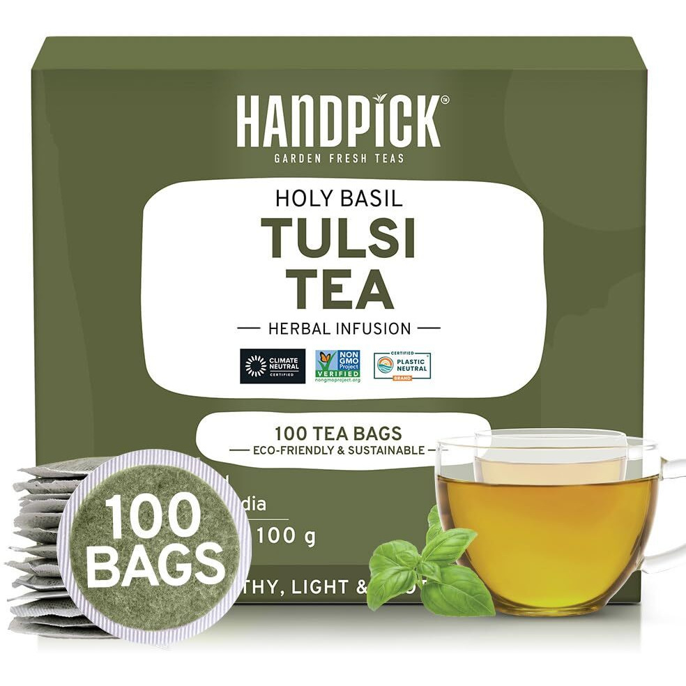 Handpick, Holy Basil Tea Bags (100 Count) Caffeine Free, Non-Gmo Tulsi Leaves- Tulsi Tea | Round Herbal Tea Bags/Tulsi Tea Bags