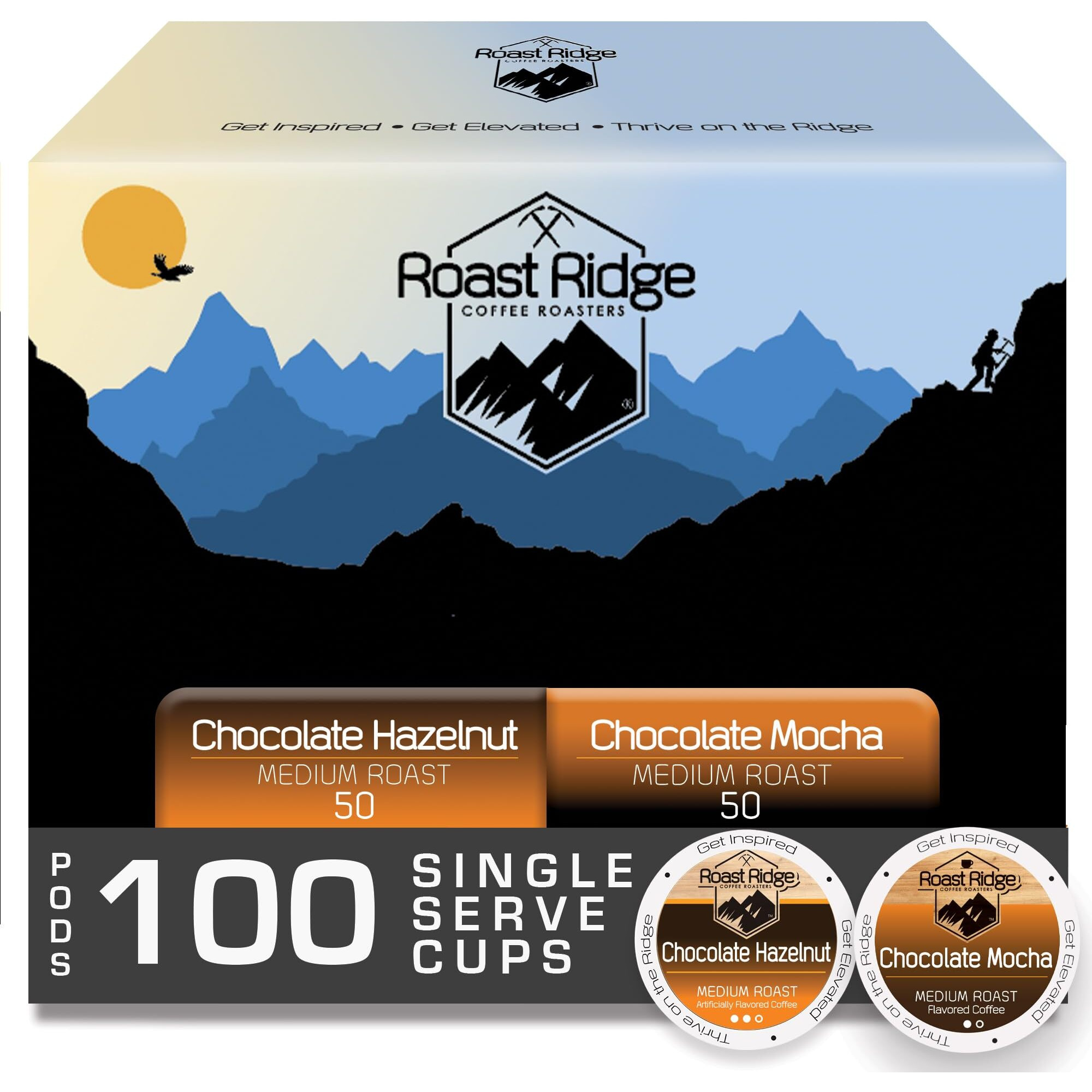 Roast Ridge Single Serve Coffee Pods For Keurig K-Cup Brewers, Variety Pack, Medium Roast, 100 Count (50 Chocolate Mocha, 50 Chocolate Hazelnut)