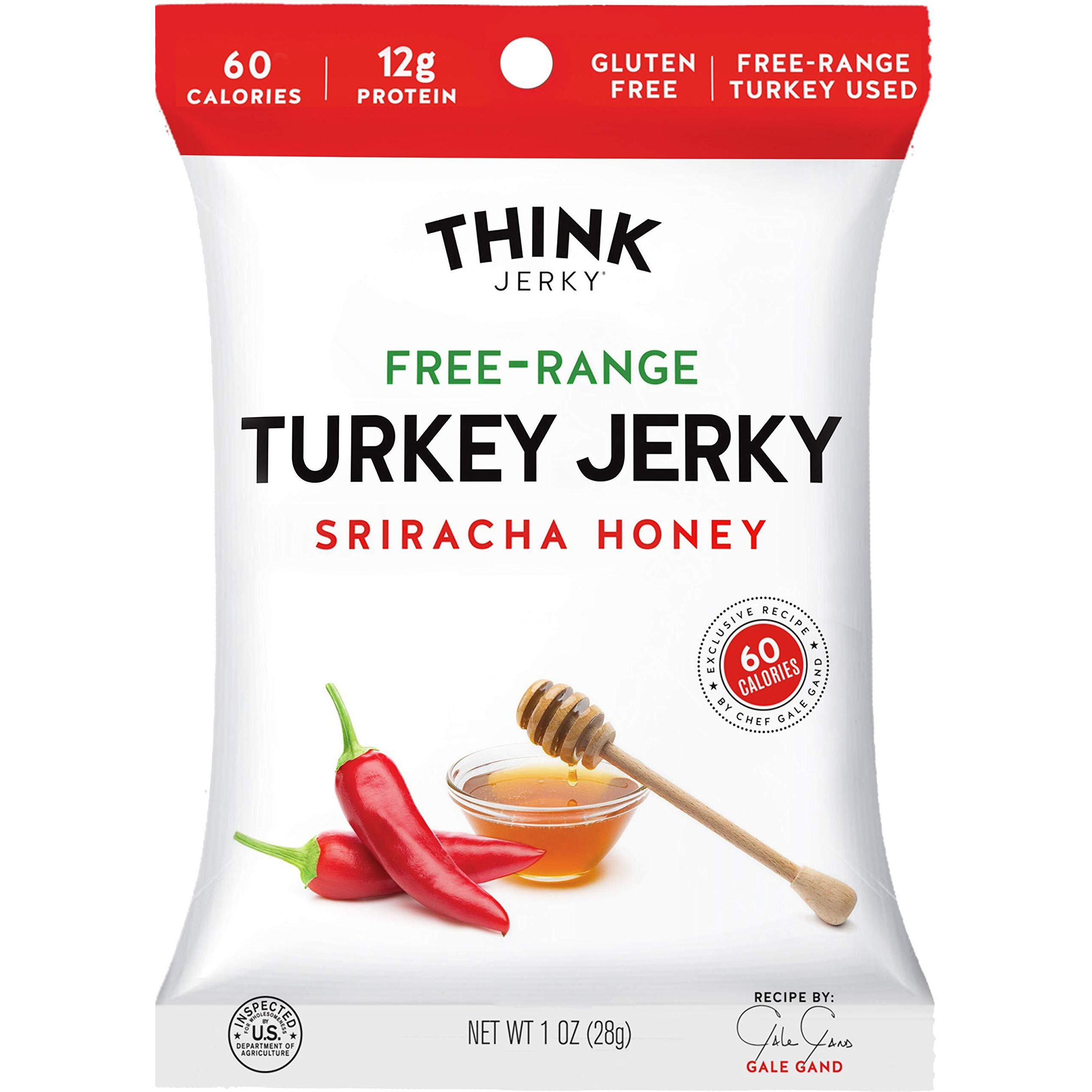 Think Jerky, Sriracha Honey Turkey Jerky (1.0 Ounce Bags, Pack Of 8 Bags) - Chef-Crafted, Free Range Turkey, Gluten Free, No Antibiotics Or Nitrates - Healthy Protein Snack, Low Calorie And Low Fat