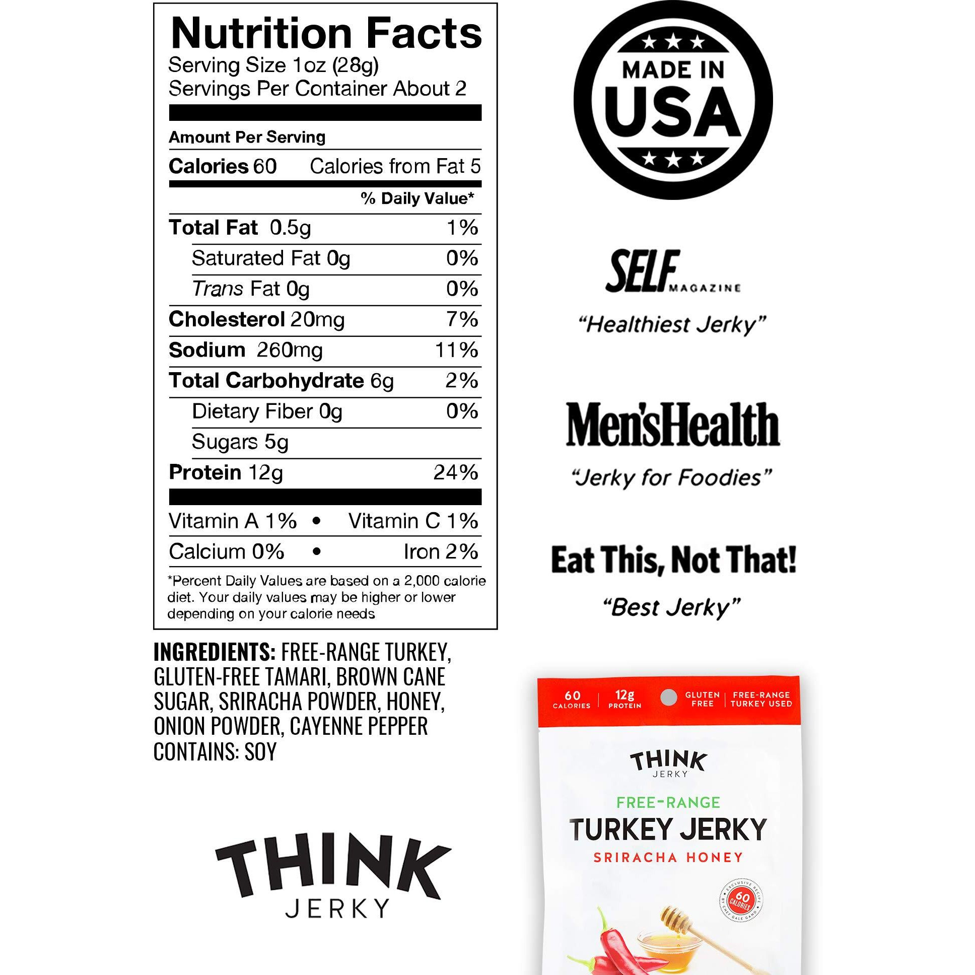 Think Jerky, Sriracha Honey Turkey Jerky (1.0 Ounce Bags, Pack Of 8 Bags) - Chef-Crafted, Free Range Turkey, Gluten Free, No Antibiotics Or Nitrates - Healthy Protein Snack, Low Calorie And Low Fat