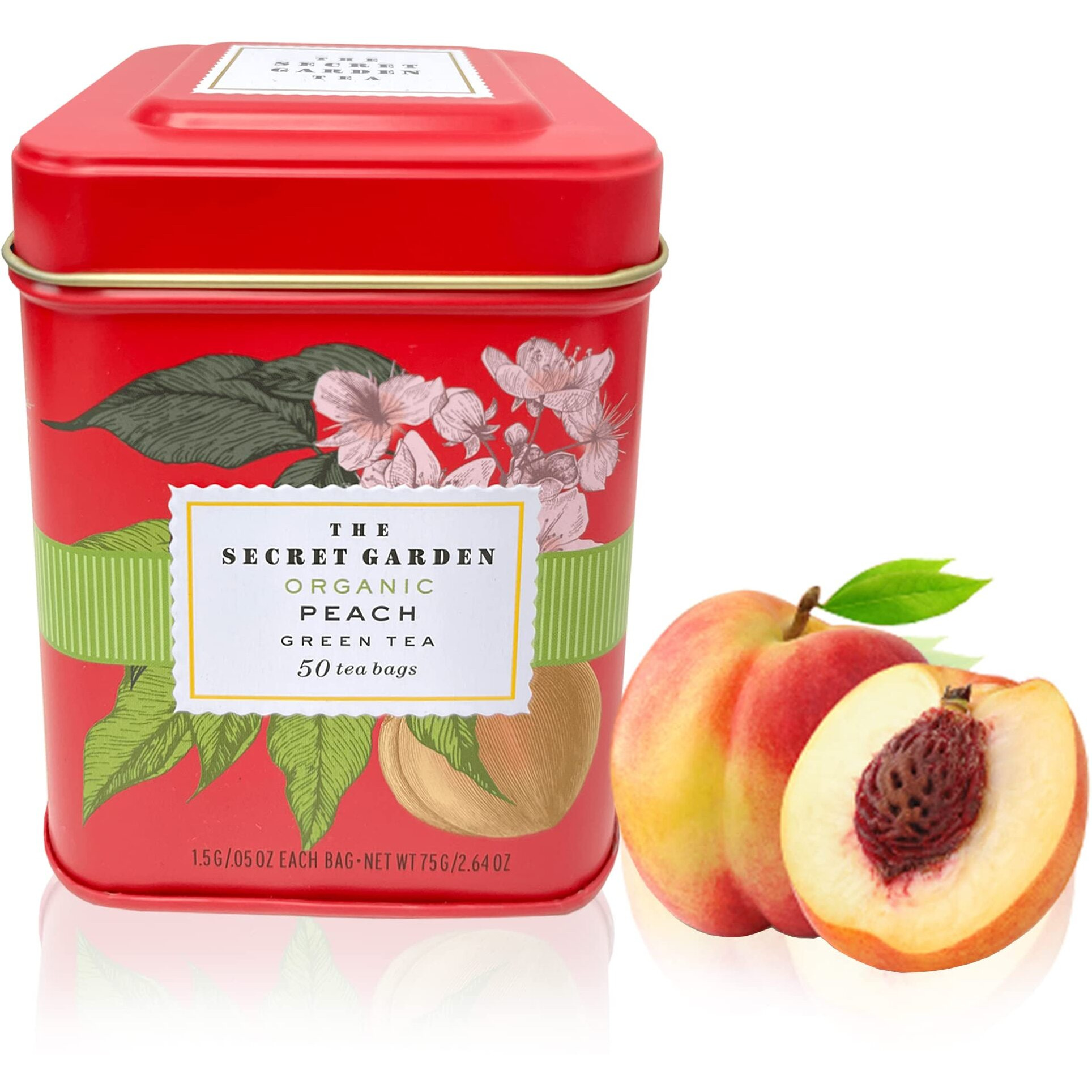 Organic Peach Ceylon Green Tea - 50 Packets - Natural Antioxidant Rich Herbal Leaf Teabags - Usda Certified 100% Non-Gmo - Caffeinated Designer Gift Tin